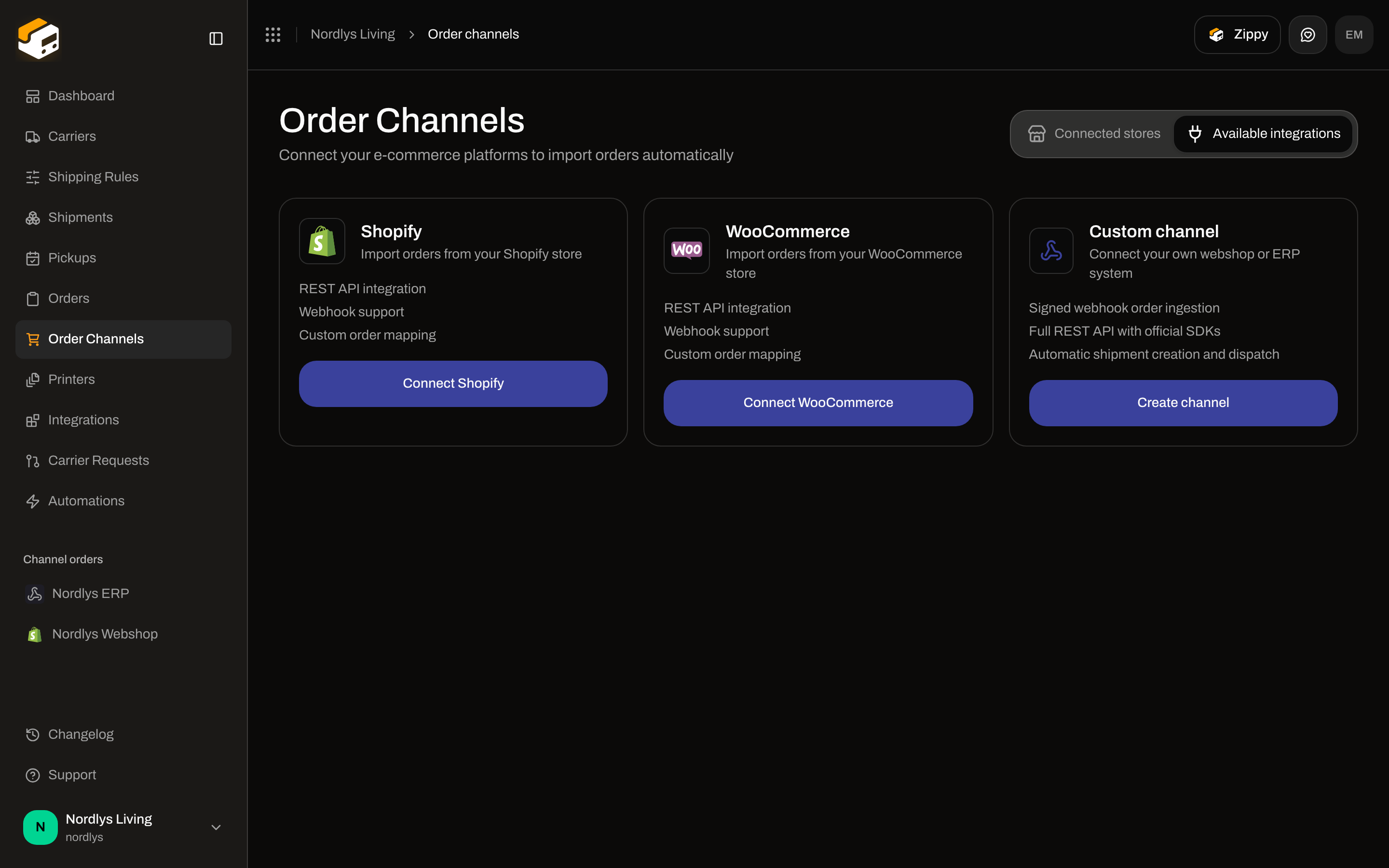 Order Channels Available integrations tab with Shopify, WooCommerce, and Custom channel cards