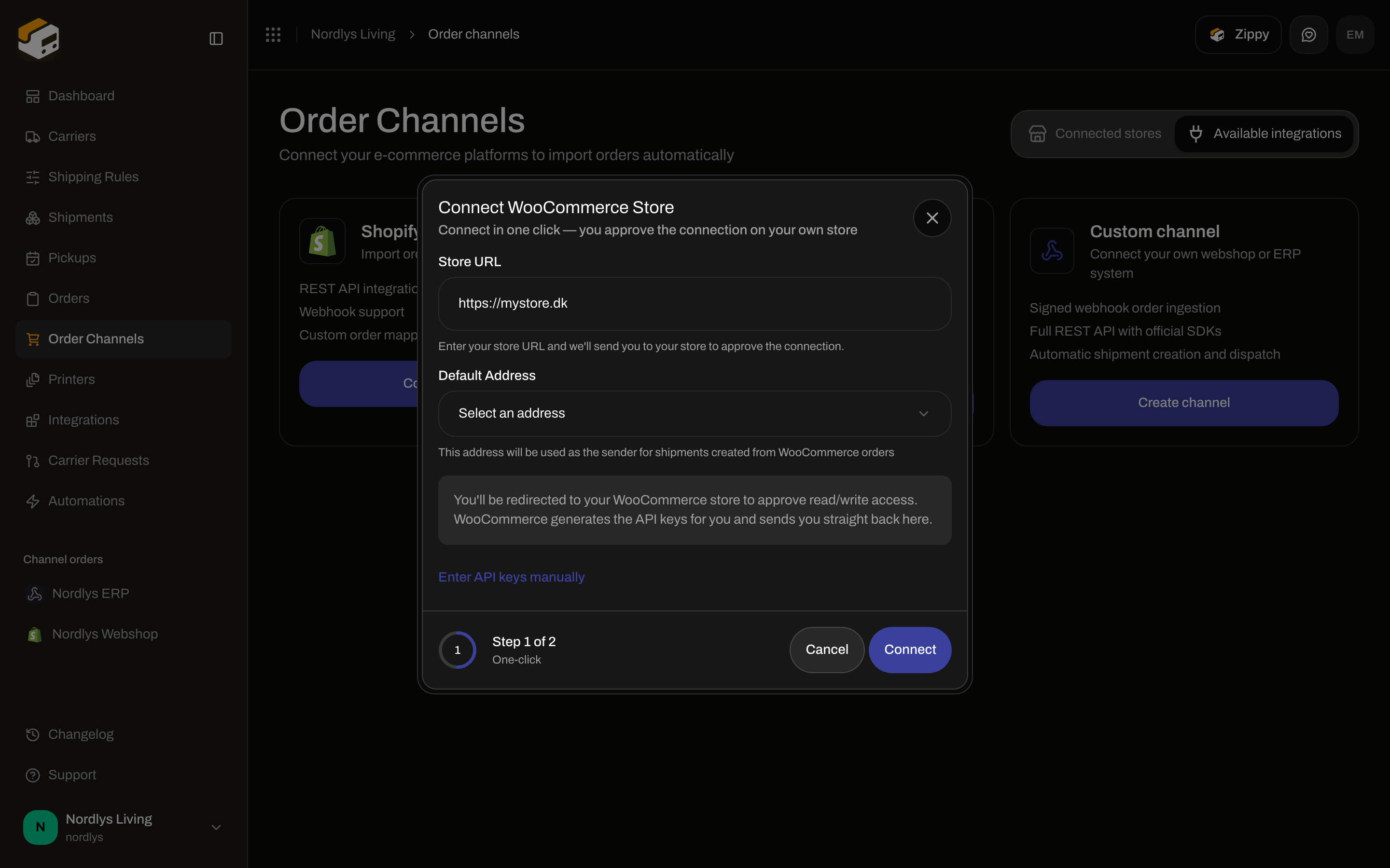 Connect WooCommerce Store modal with Store URL, Default Address, and Connect