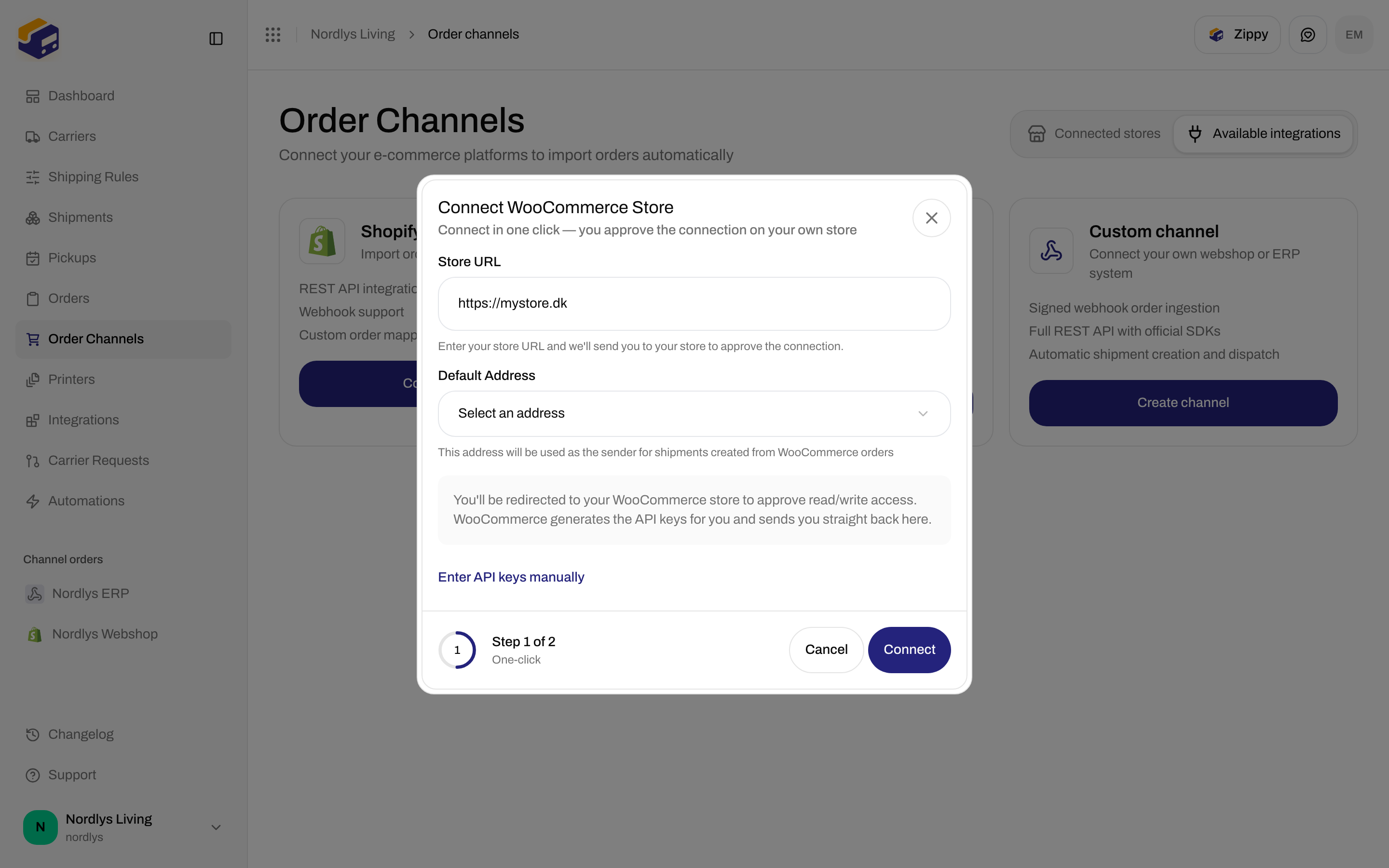 Connect WooCommerce Store modal with Store URL, Default Address, and Connect