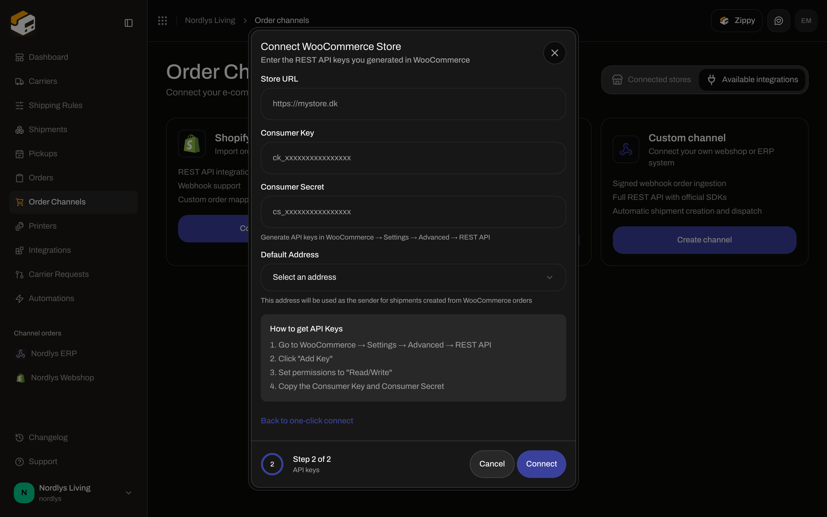 Connect WooCommerce Store modal on the API keys step