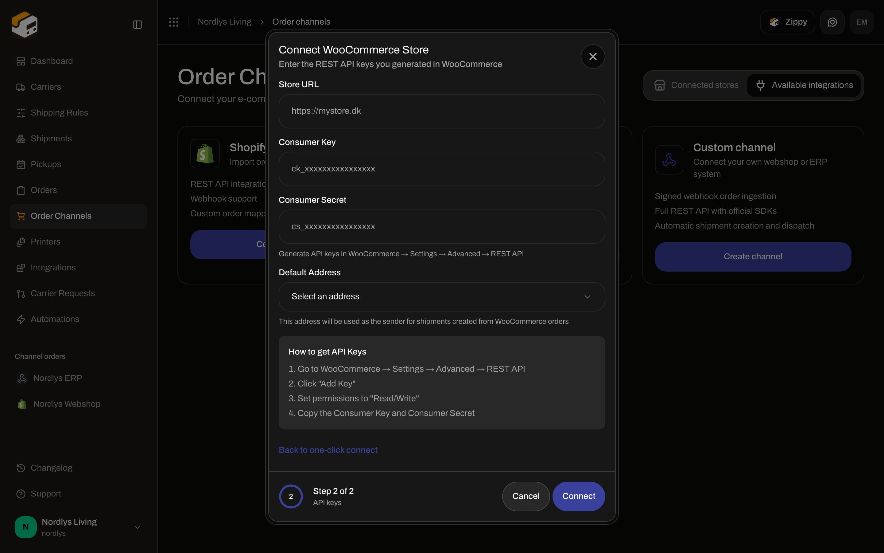 Connect WooCommerce Store modal on the API keys step