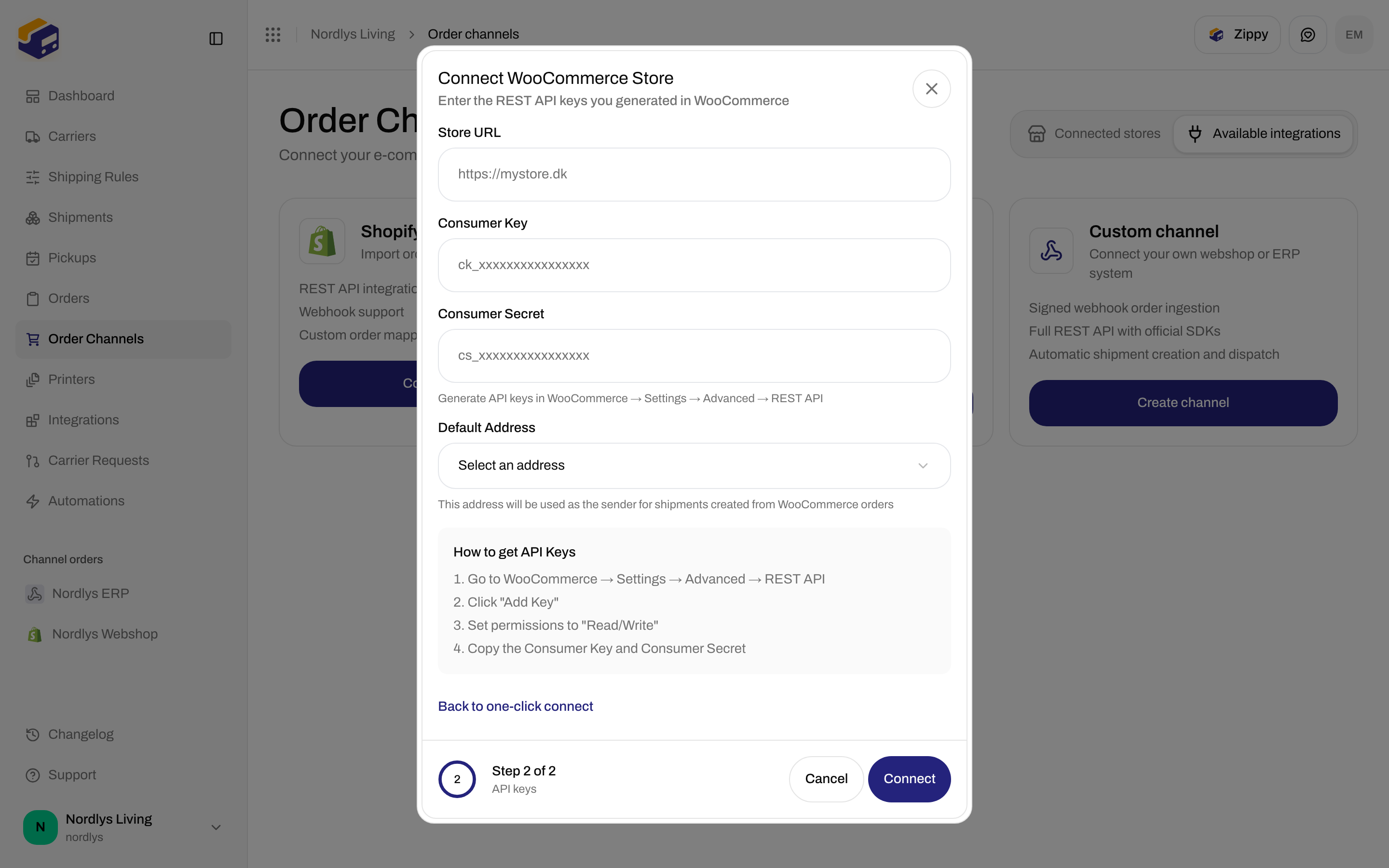 Connect WooCommerce Store modal on the API keys step