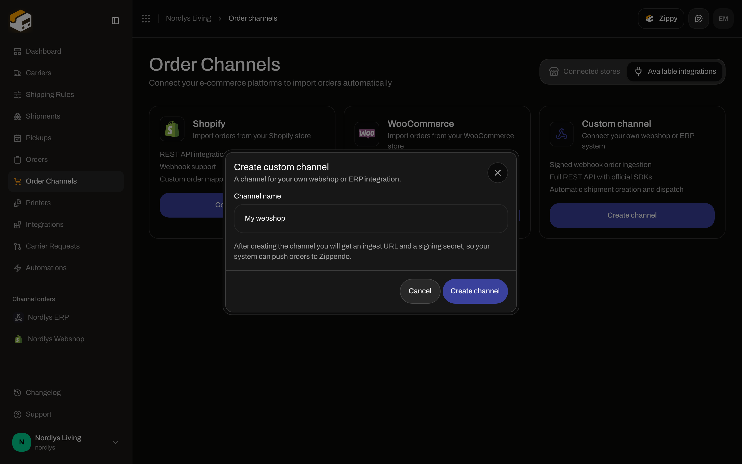 Create custom channel modal with Channel name filled in as My webshop