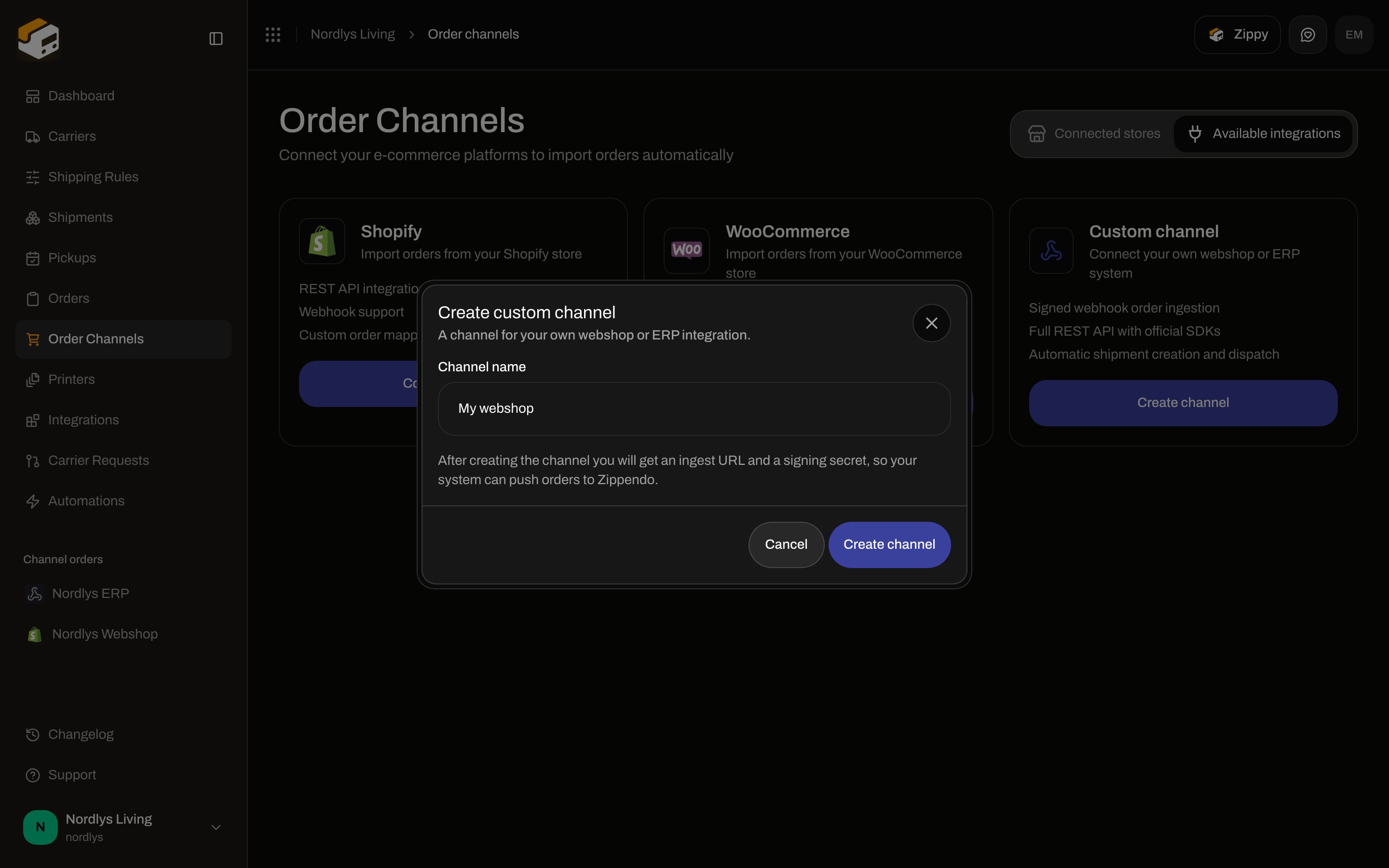 Create custom channel modal with Channel name filled in as My webshop
