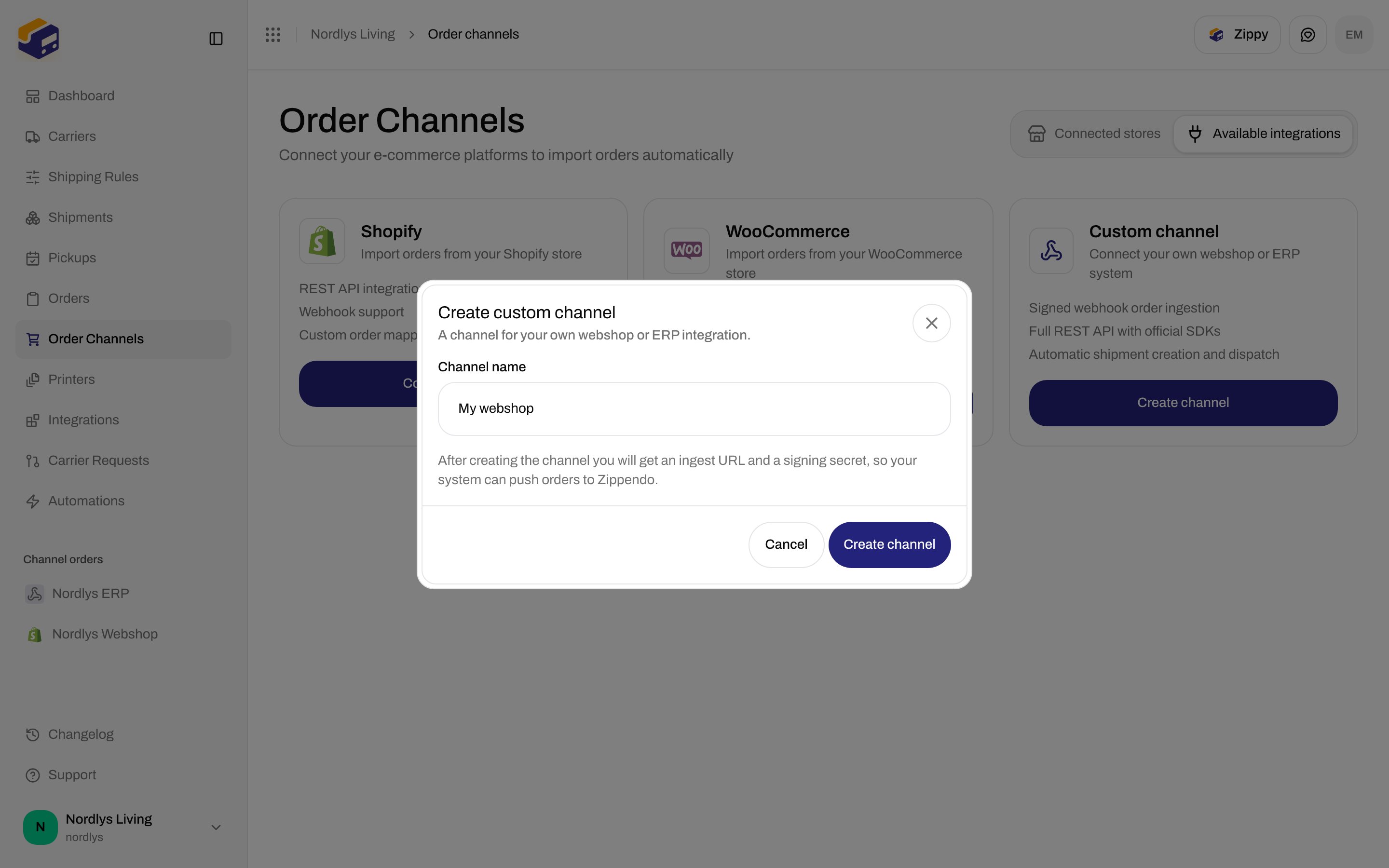 Create custom channel modal with Channel name filled in as My webshop