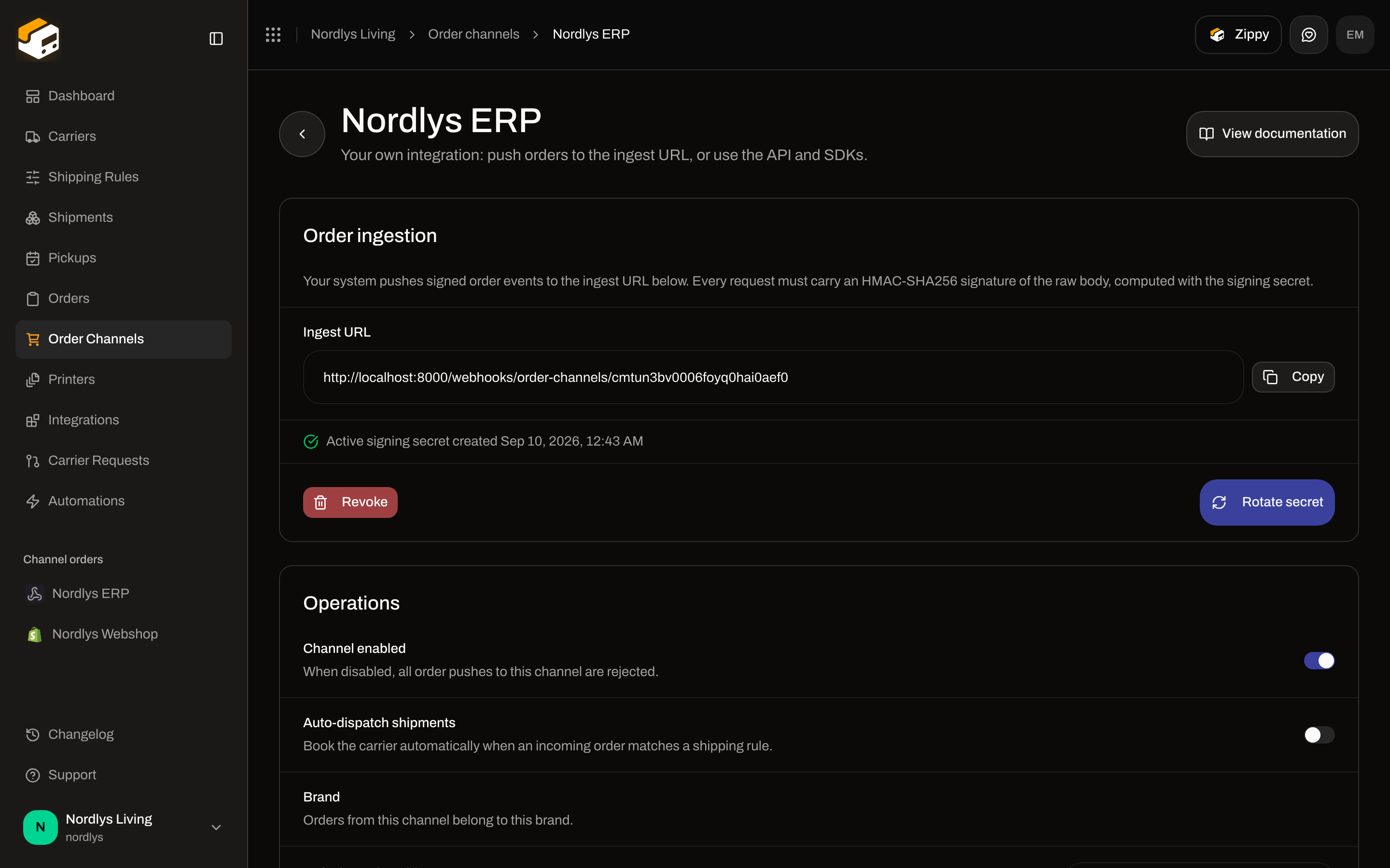 Nordlys ERP settings with Order ingestion and Operations including Channel enabled