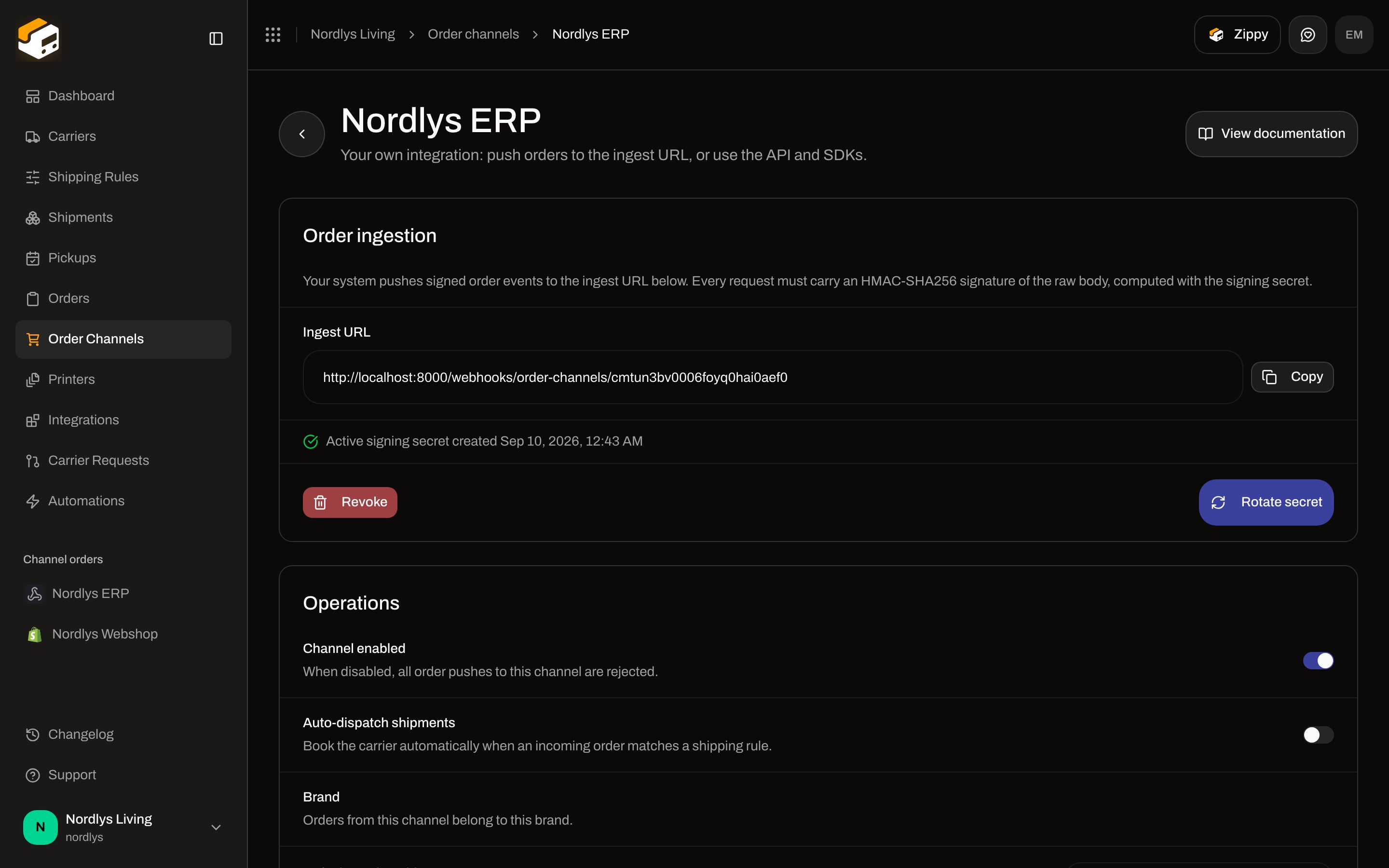 Nordlys ERP settings with Order ingestion and Operations including Channel enabled