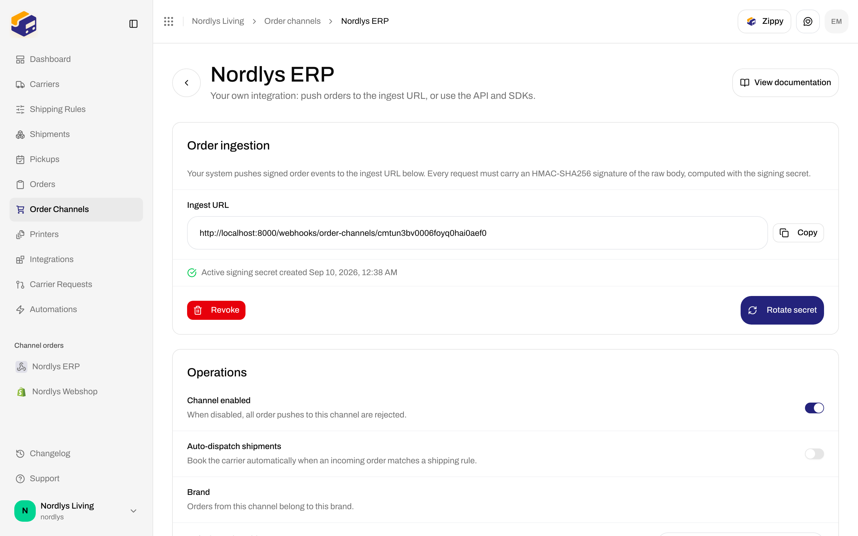 Nordlys ERP settings with Order ingestion and Operations including Channel enabled