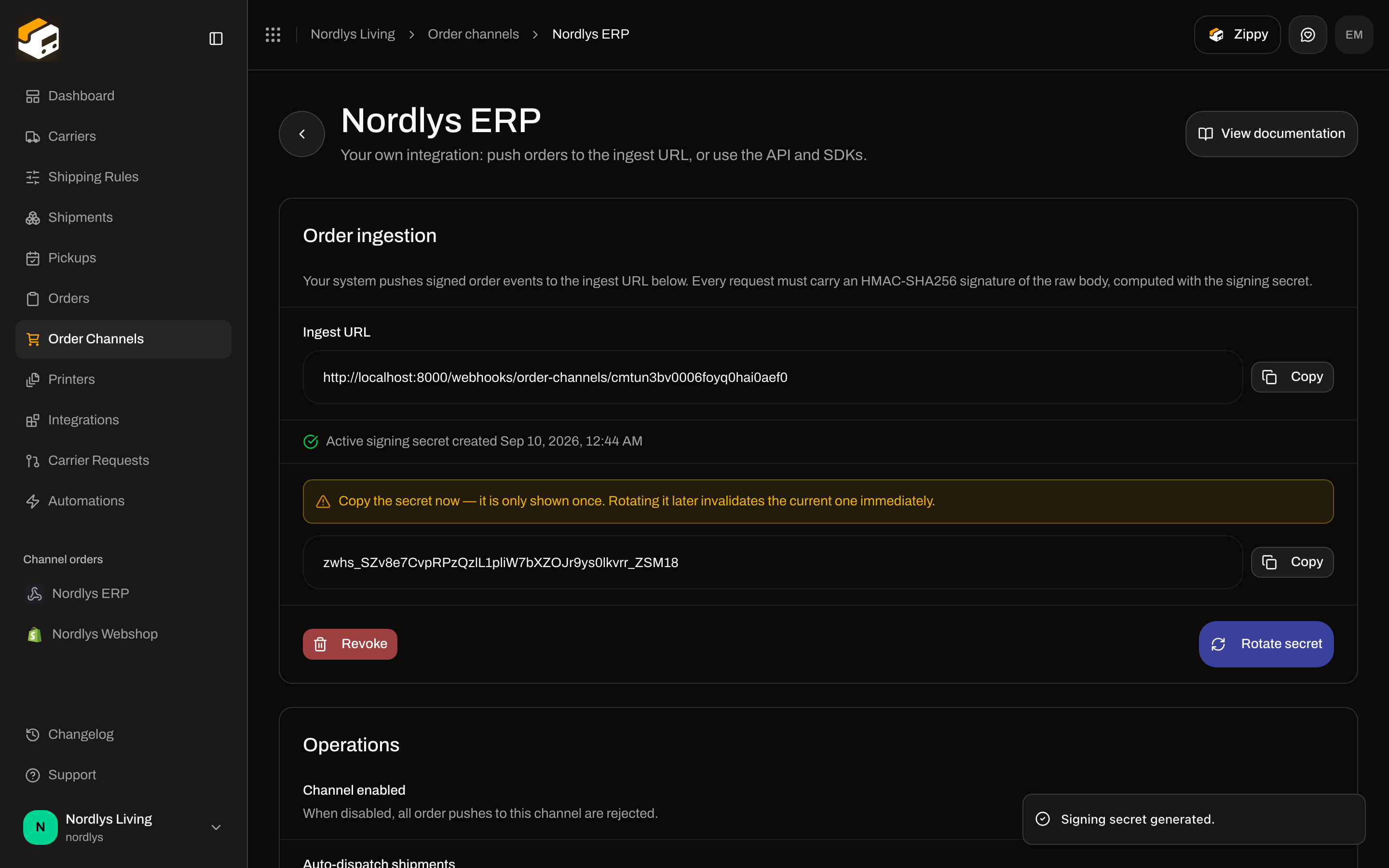 Order ingestion with Ingest URL, one-time signing secret, Revoke, and Rotate secret