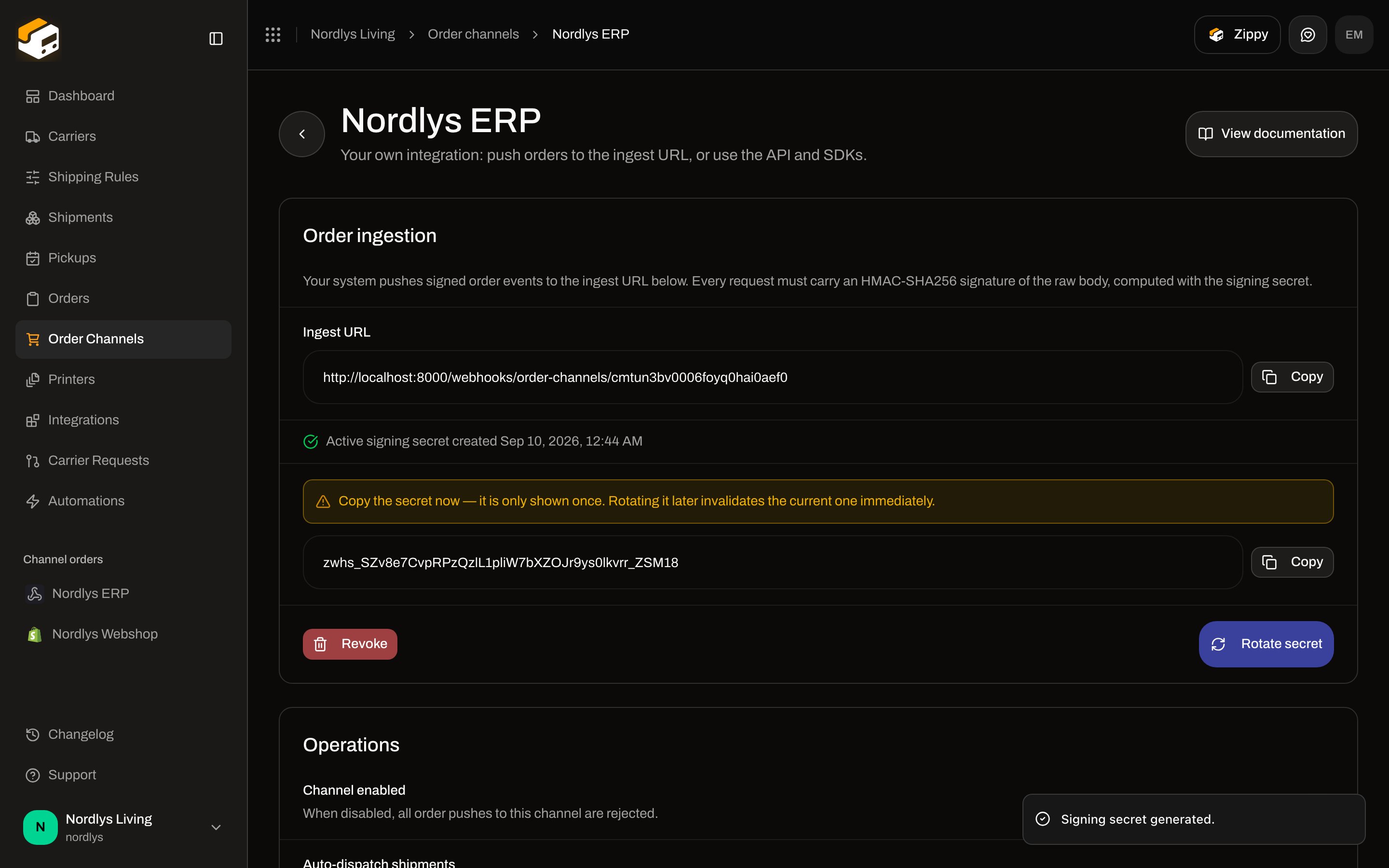 Order ingestion with Ingest URL, one-time signing secret, Revoke, and Rotate secret