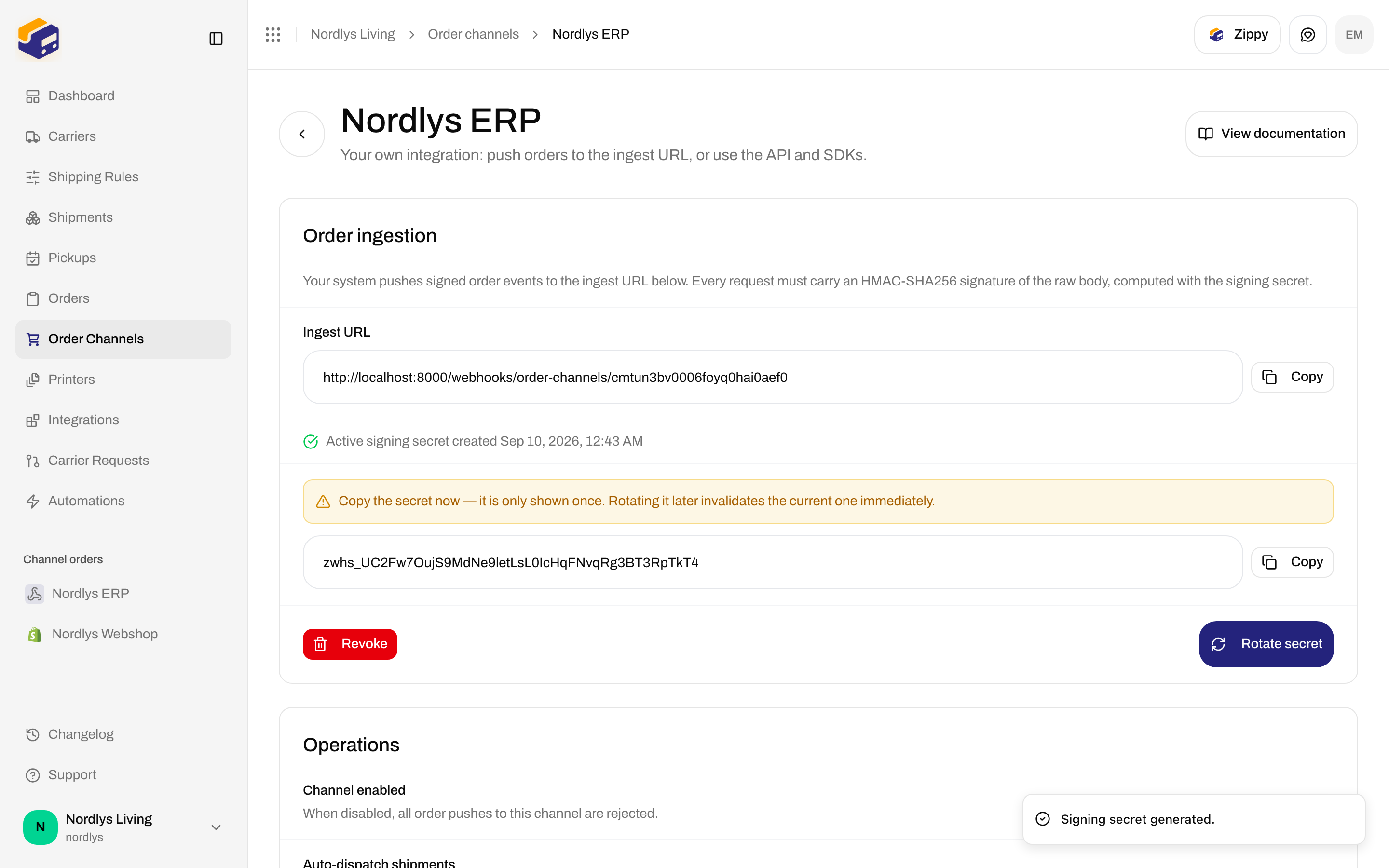 Order ingestion with Ingest URL, one-time signing secret, Revoke, and Rotate secret