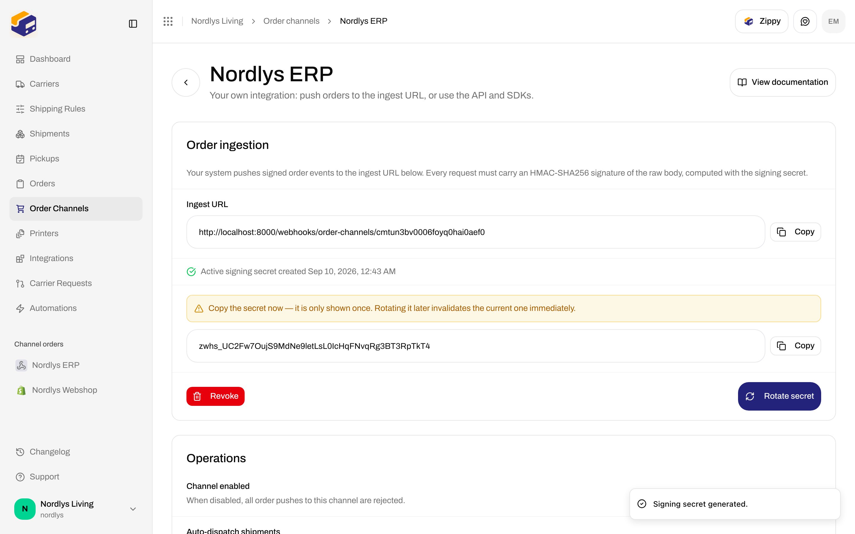 Order ingestion with Ingest URL, one-time signing secret, Revoke, and Rotate secret