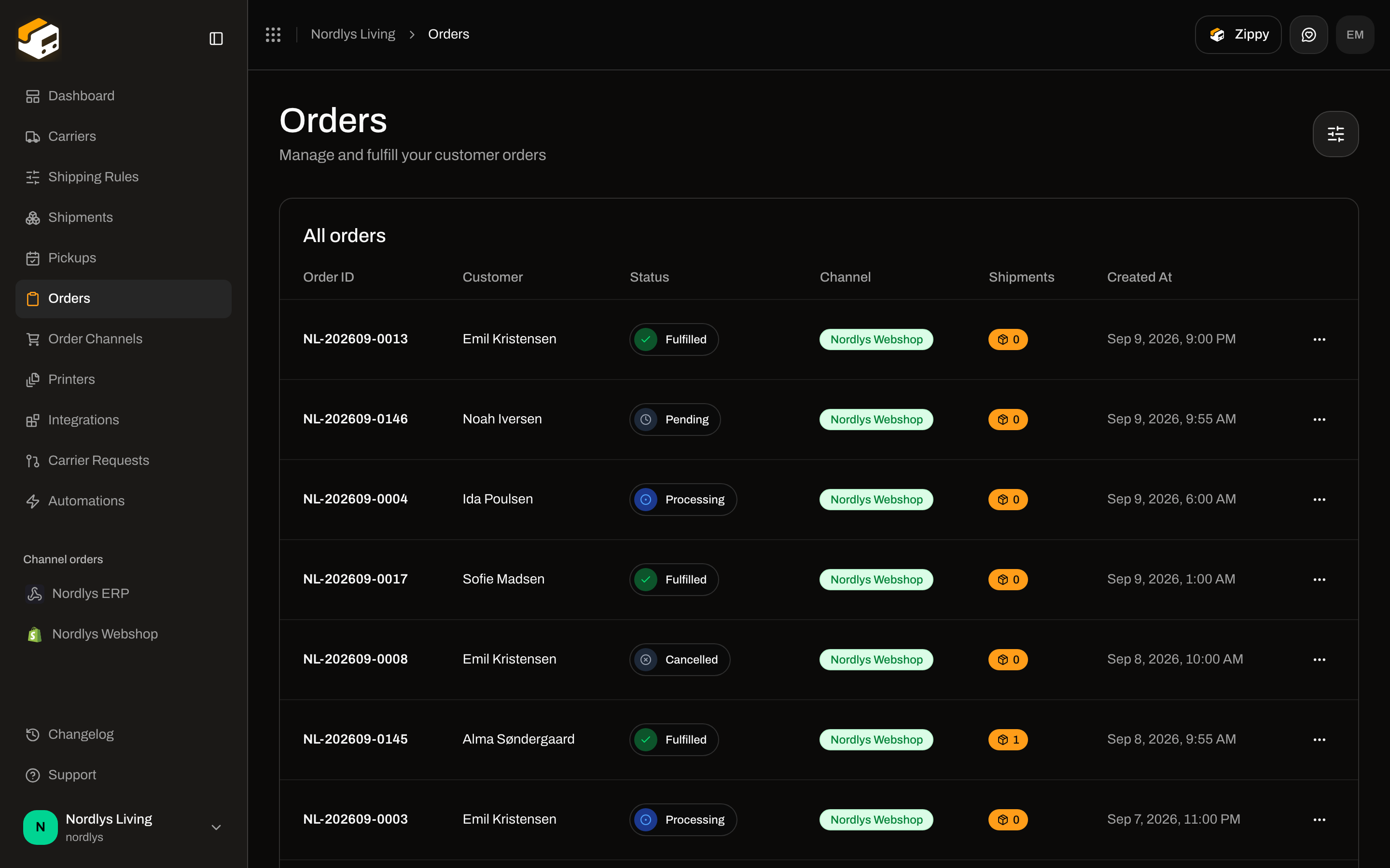 Orders list filtered to All orders with channel names and statuses