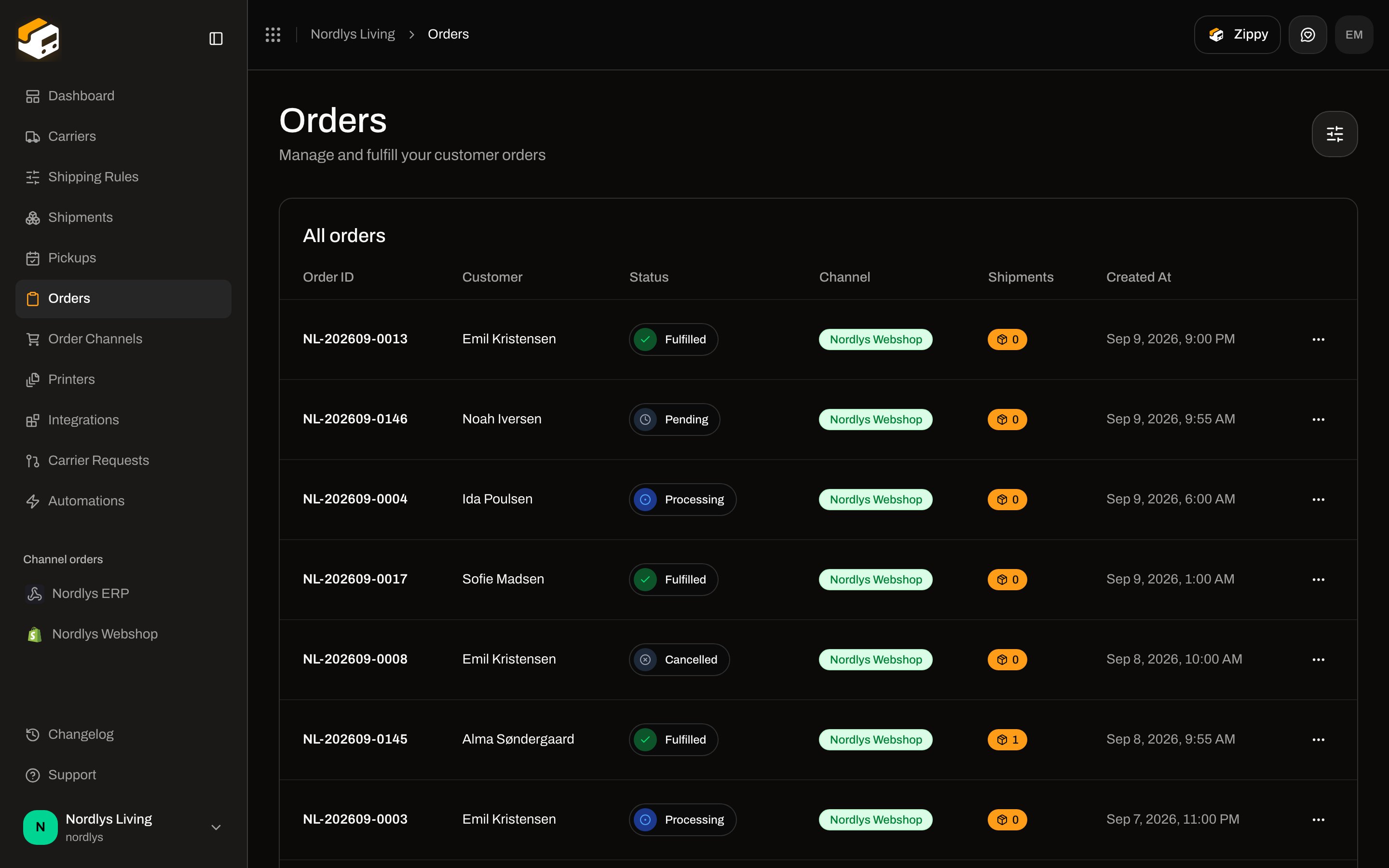 Orders list filtered to All orders with channel names and statuses
