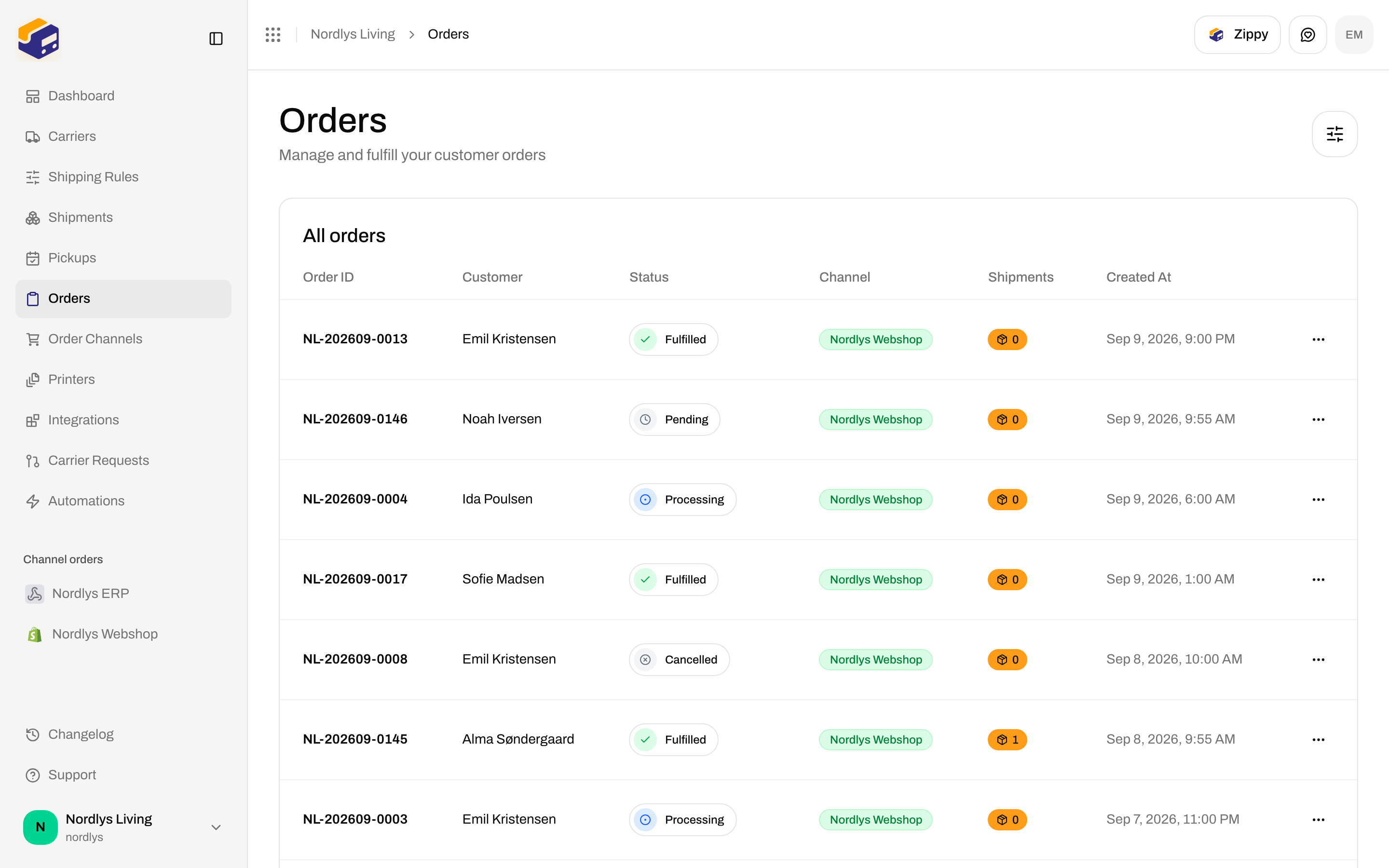 Orders list filtered to All orders with channel names and statuses