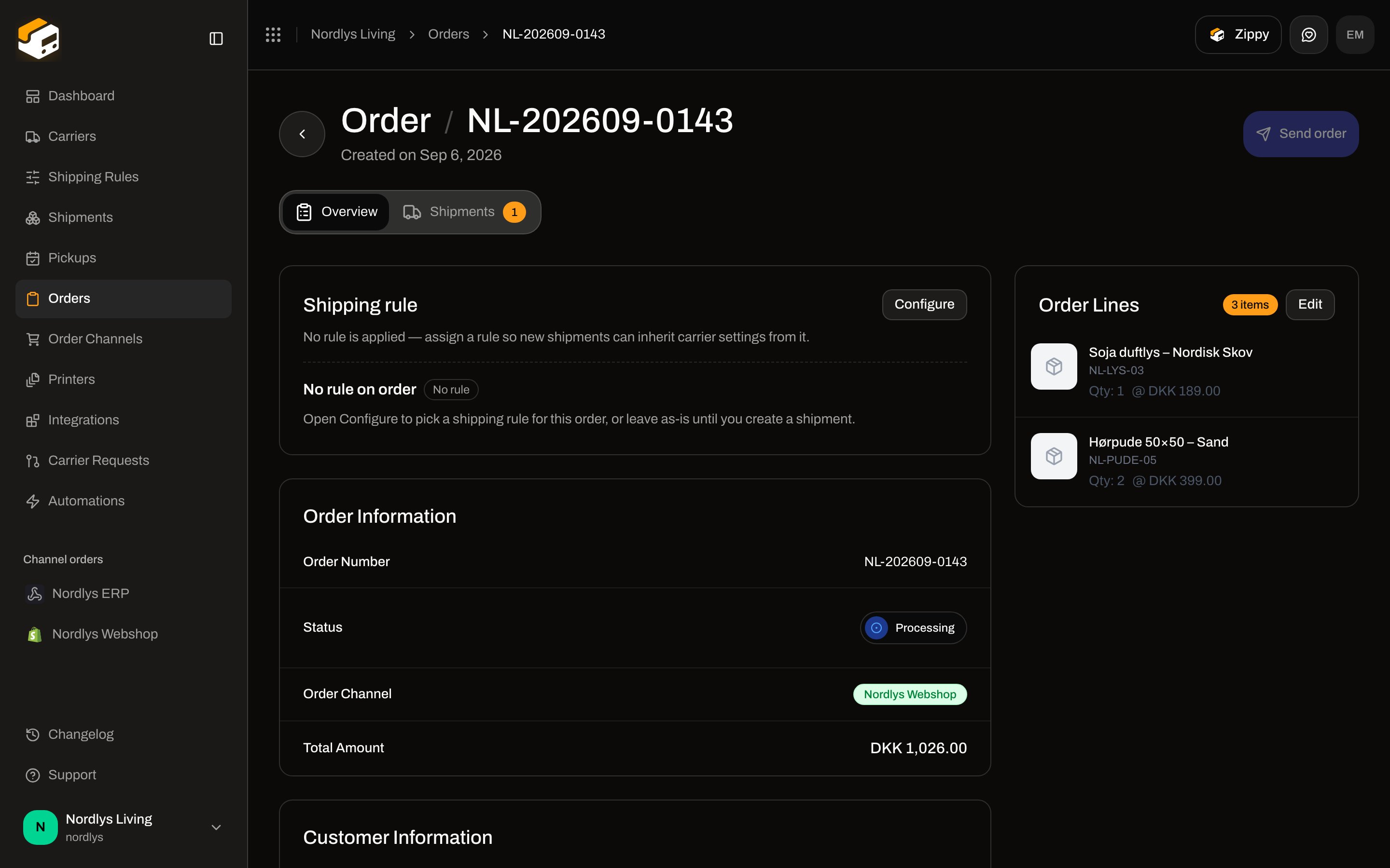 Order detail for NL-202609-0143 showing Order Channel, Processing status, and Send order