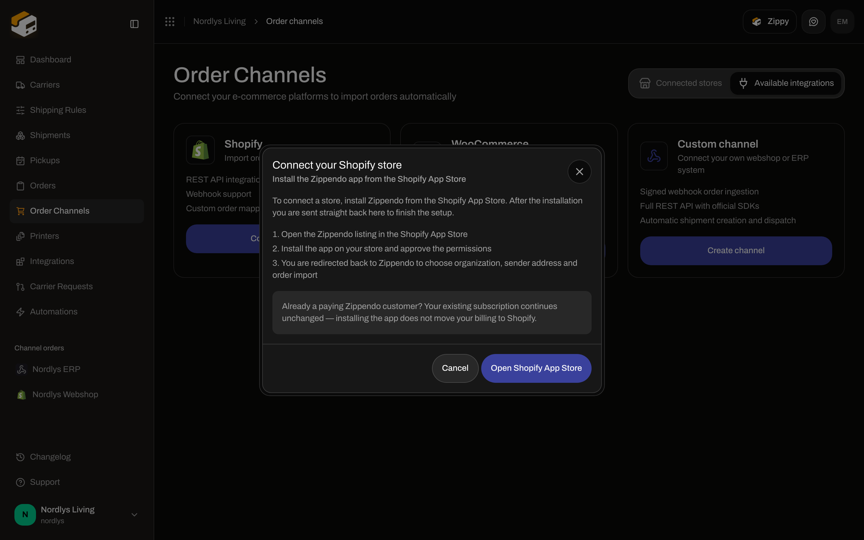 Modal titled Connect your Shopify store with three steps: open the App Store listing, install and approve permissions, then return to Zippendo to choose organization, sender address, and order import