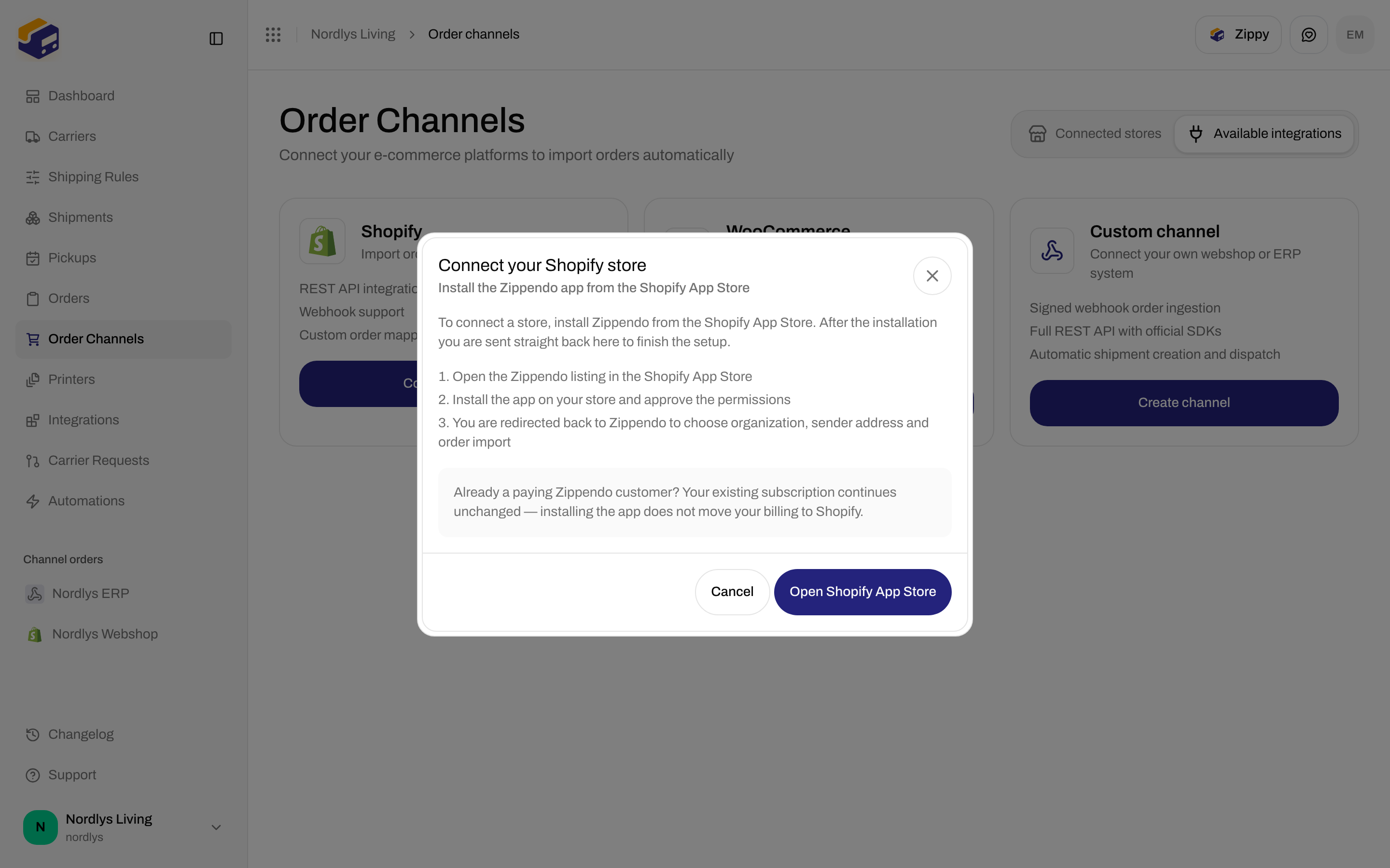 Modal titled Connect your Shopify store with three steps: open the App Store listing, install and approve permissions, then return to Zippendo to choose organization, sender address, and order import