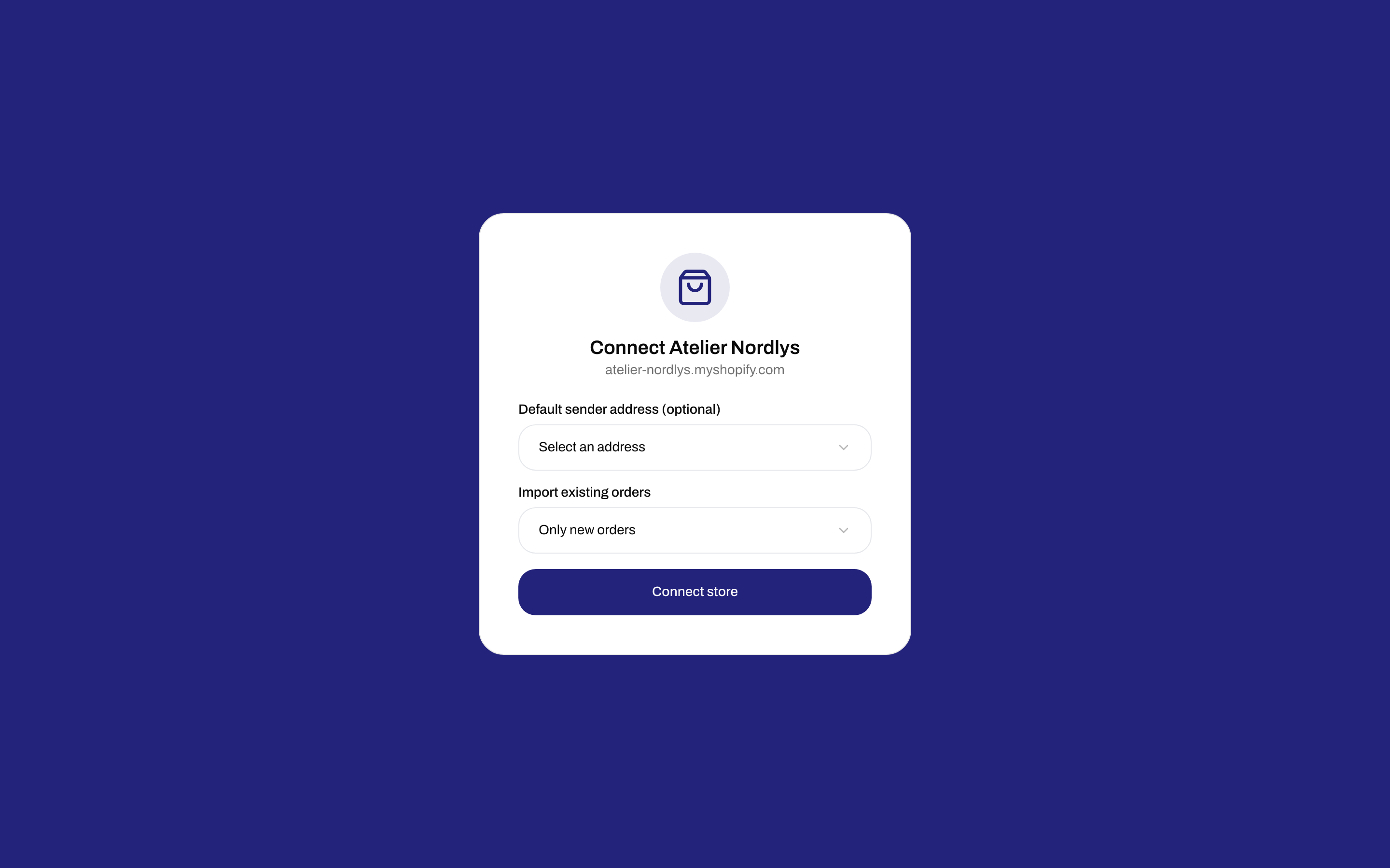 Connect Atelier Nordlys form with Default sender address optional, Import existing orders set to Only new orders, and a Connect store button