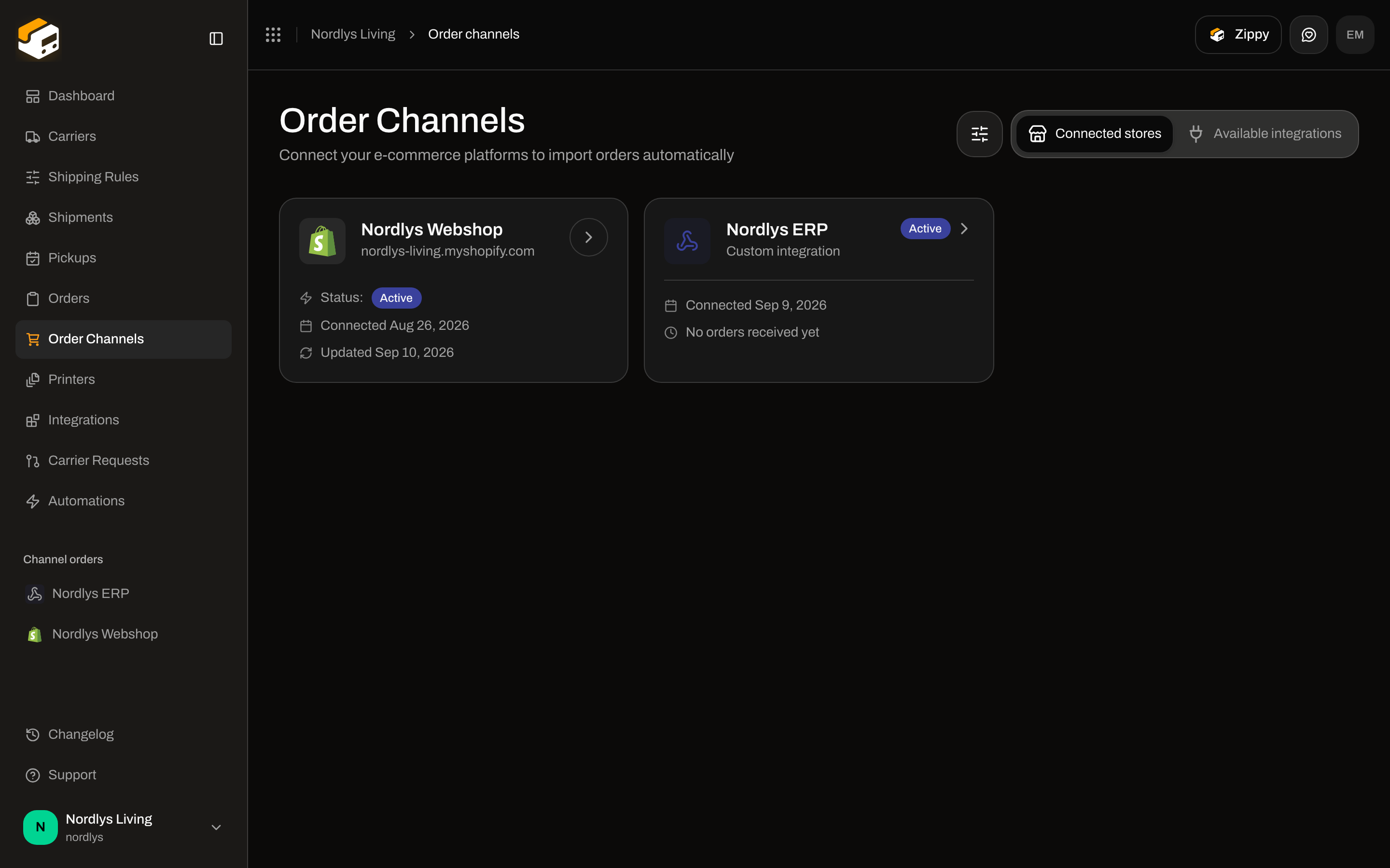 Connected stores tab with Nordlys Webshop Shopify card, status Active, domain nordlys-living.myshopify.com, and connected date