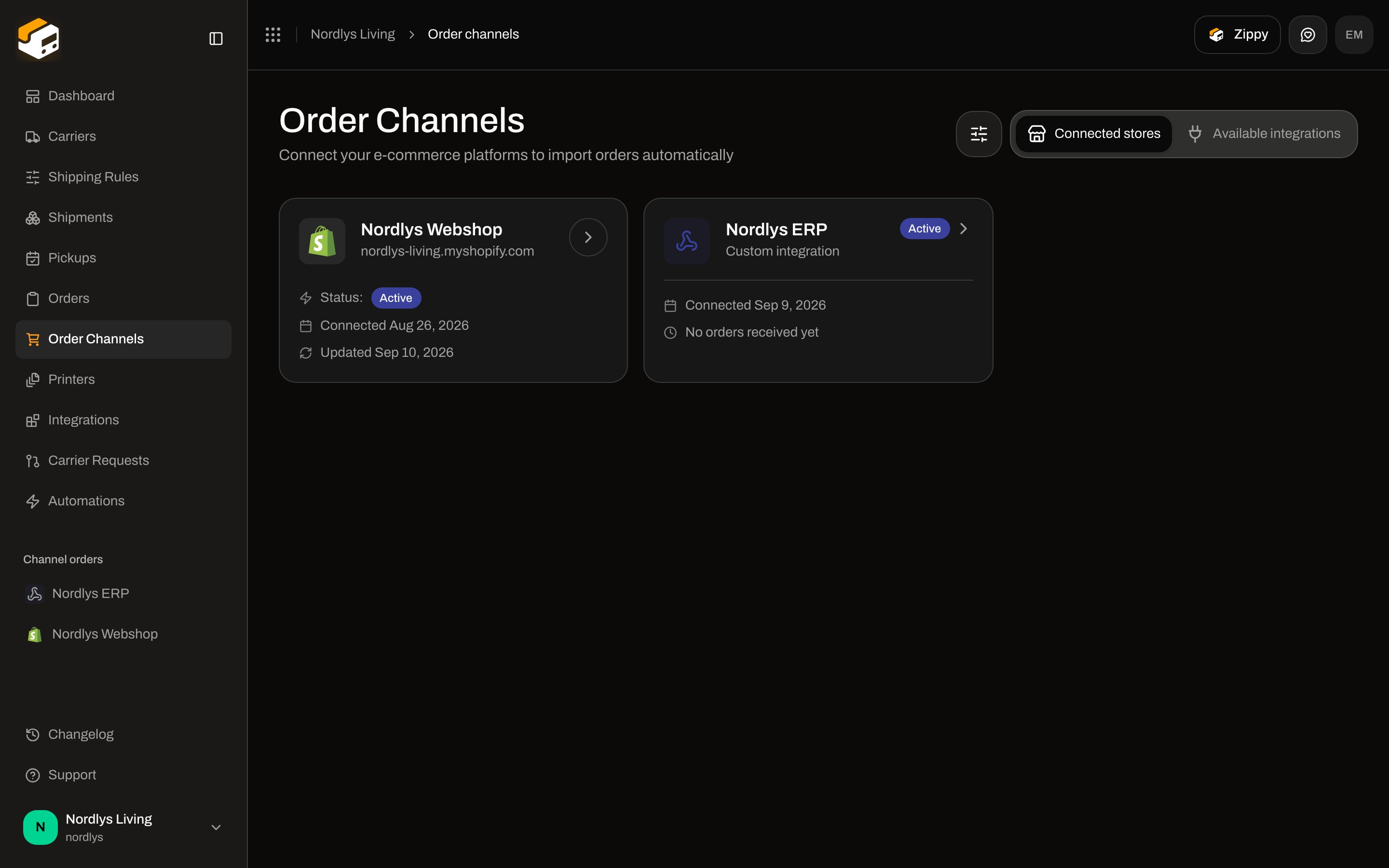 Connected stores tab with Nordlys Webshop Shopify card, status Active, domain nordlys-living.myshopify.com, and connected date