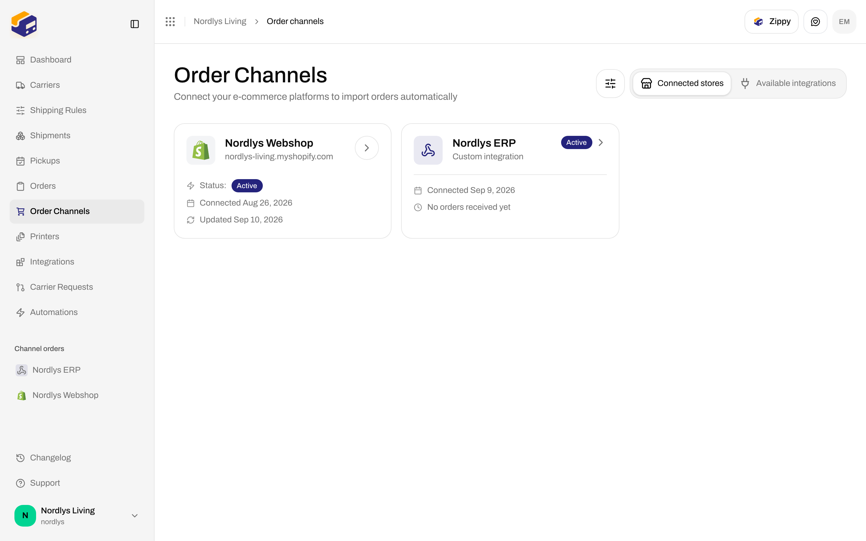 Connected stores tab with Nordlys Webshop Shopify card, status Active, domain nordlys-living.myshopify.com, and connected date