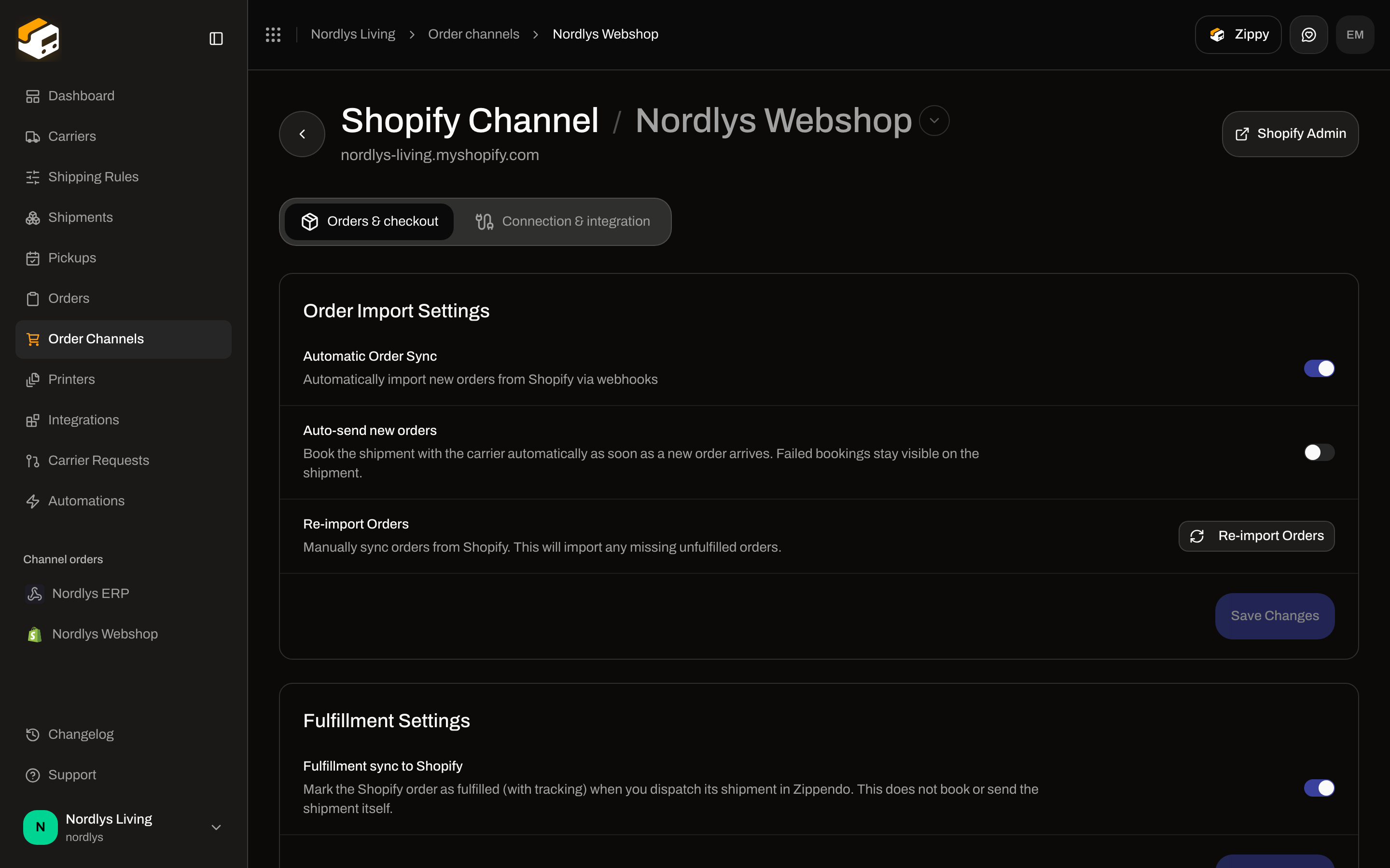 Shopify Channel Orders and checkout tab showing Automatic Order Sync on, Auto-send new orders off, Re-import Orders, and Fulfillment sync to Shopify on