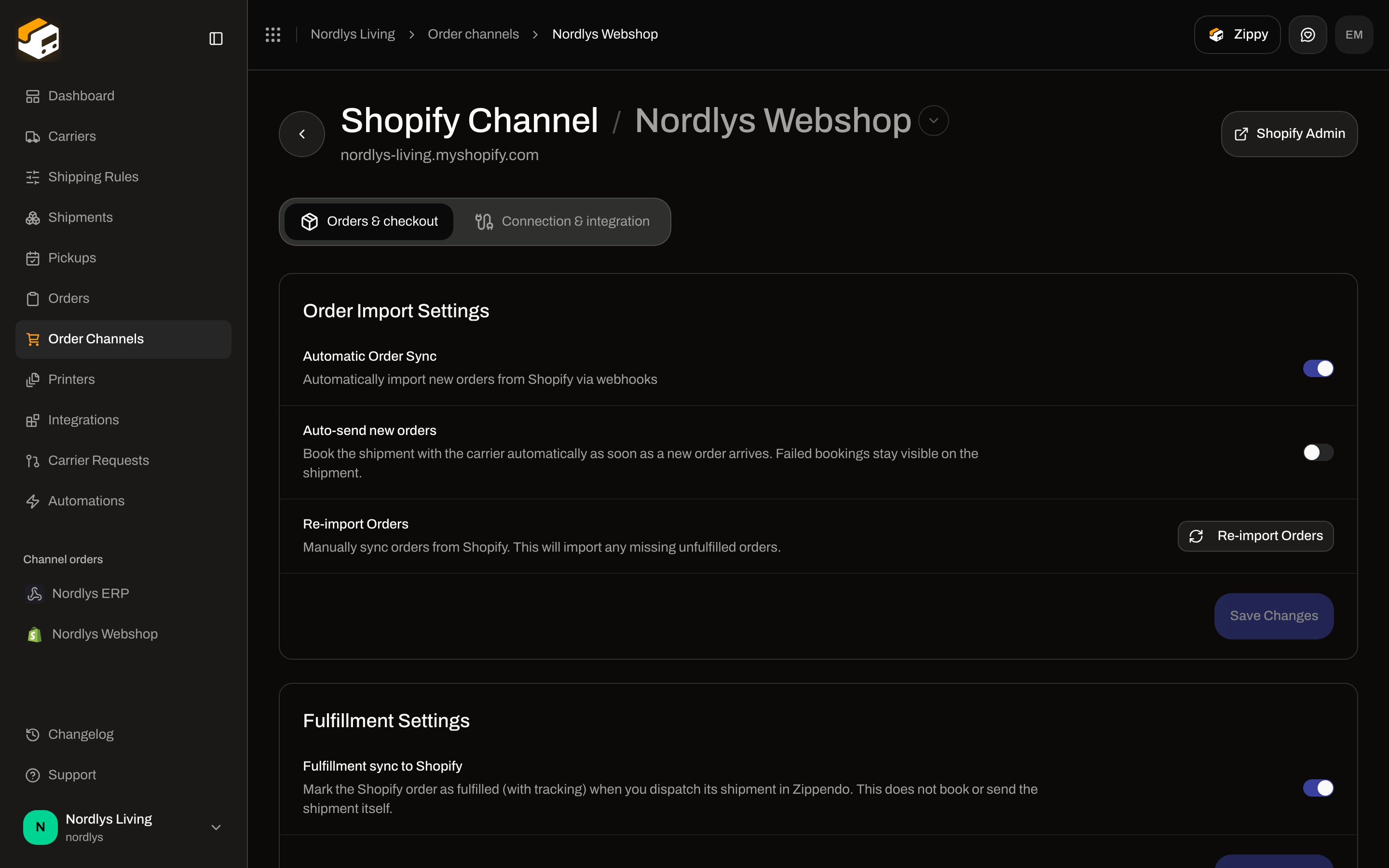 Shopify Channel Orders and checkout tab showing Automatic Order Sync on, Auto-send new orders off, Re-import Orders, and Fulfillment sync to Shopify on
