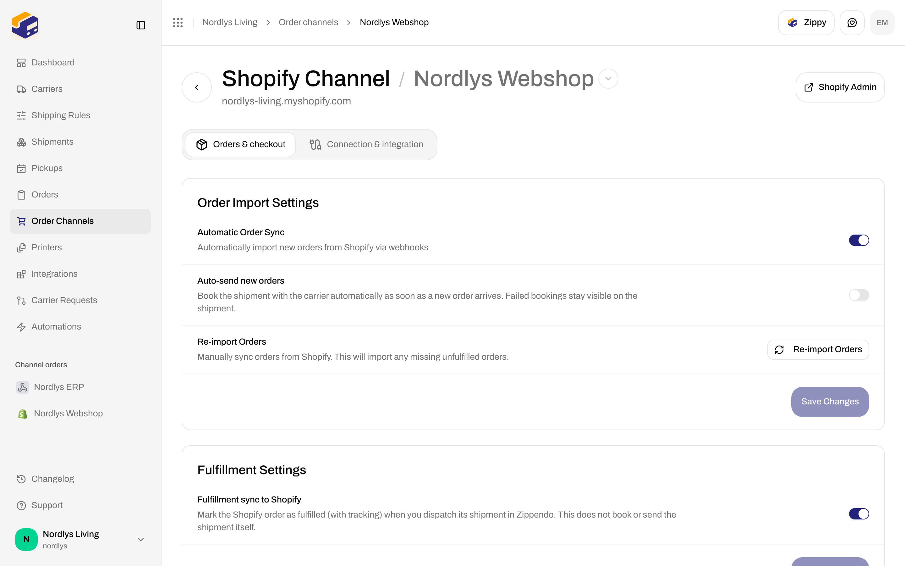 Shopify Channel Orders and checkout tab showing Automatic Order Sync on, Auto-send new orders off, Re-import Orders, and Fulfillment sync to Shopify on