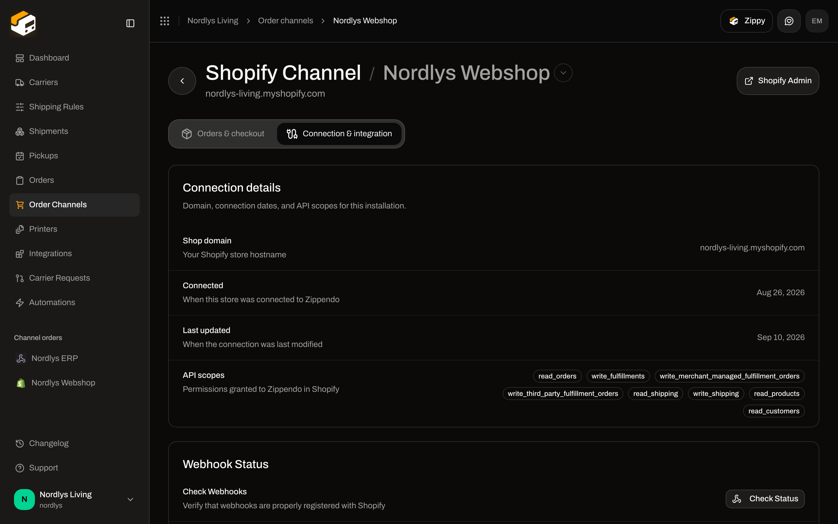 Connection and integration tab showing shop domain, connected date, API scopes, and Webhook Status with Check Status