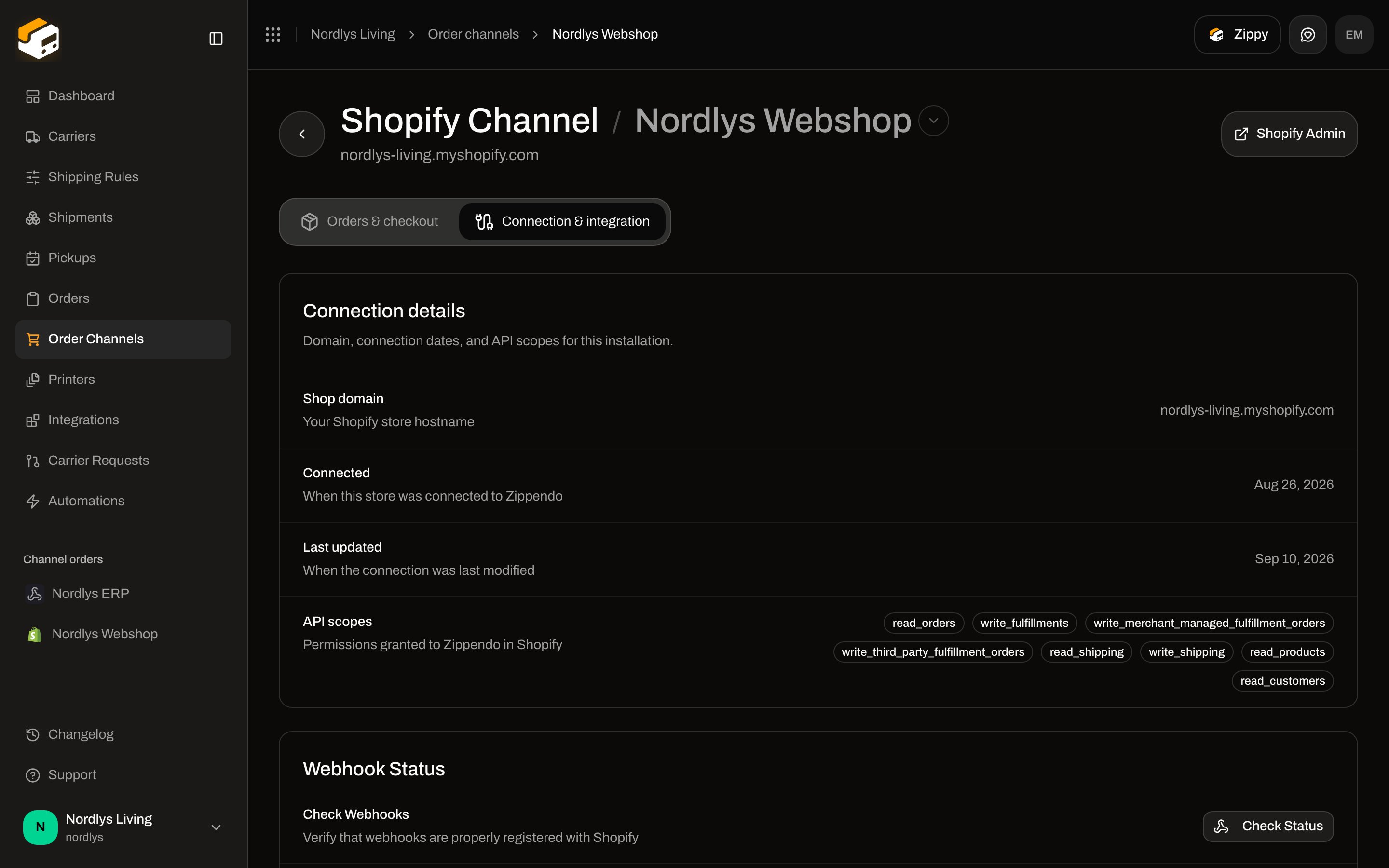 Connection and integration tab showing shop domain, connected date, API scopes, and Webhook Status with Check Status