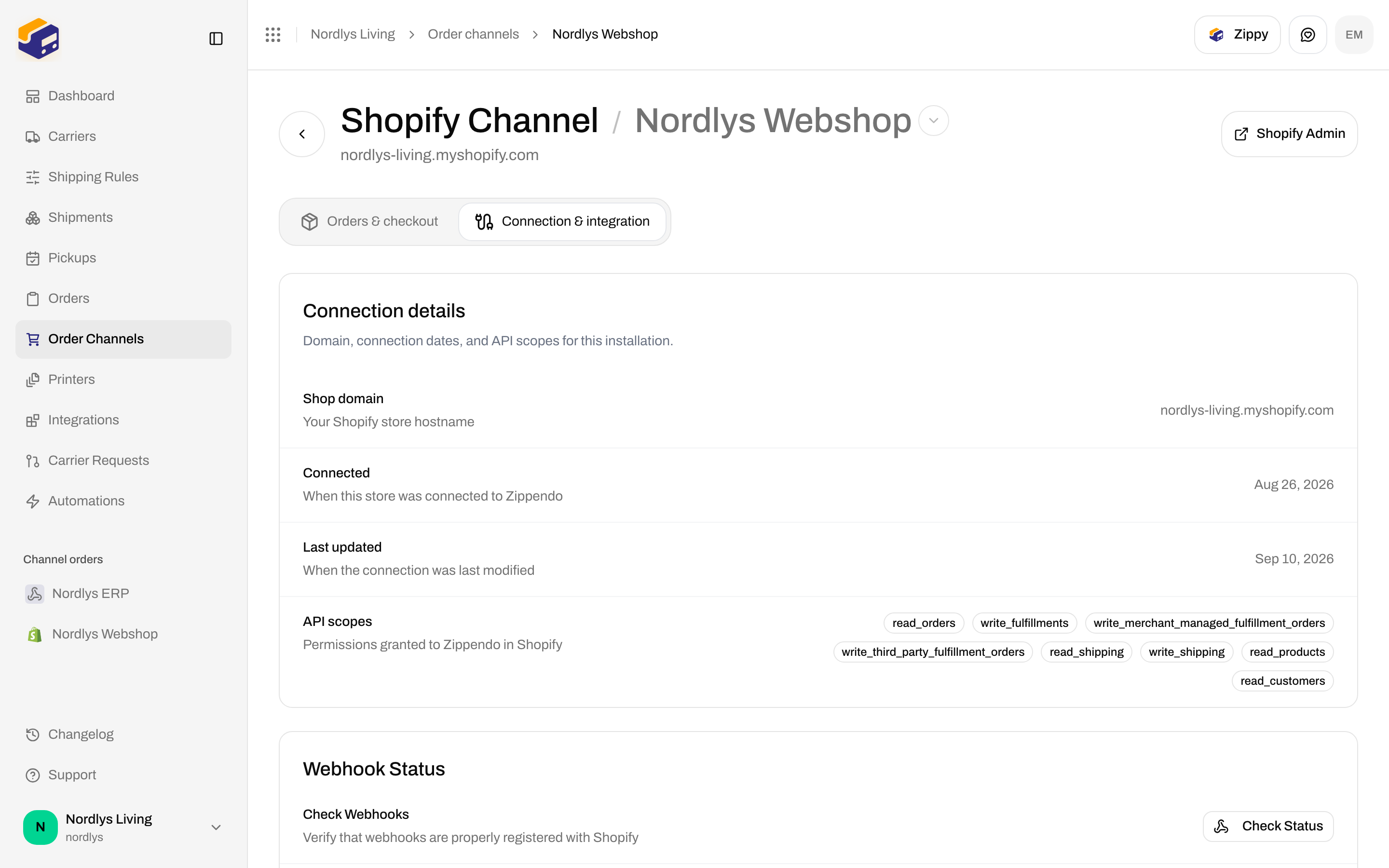 Connection and integration tab showing shop domain, connected date, API scopes, and Webhook Status with Check Status