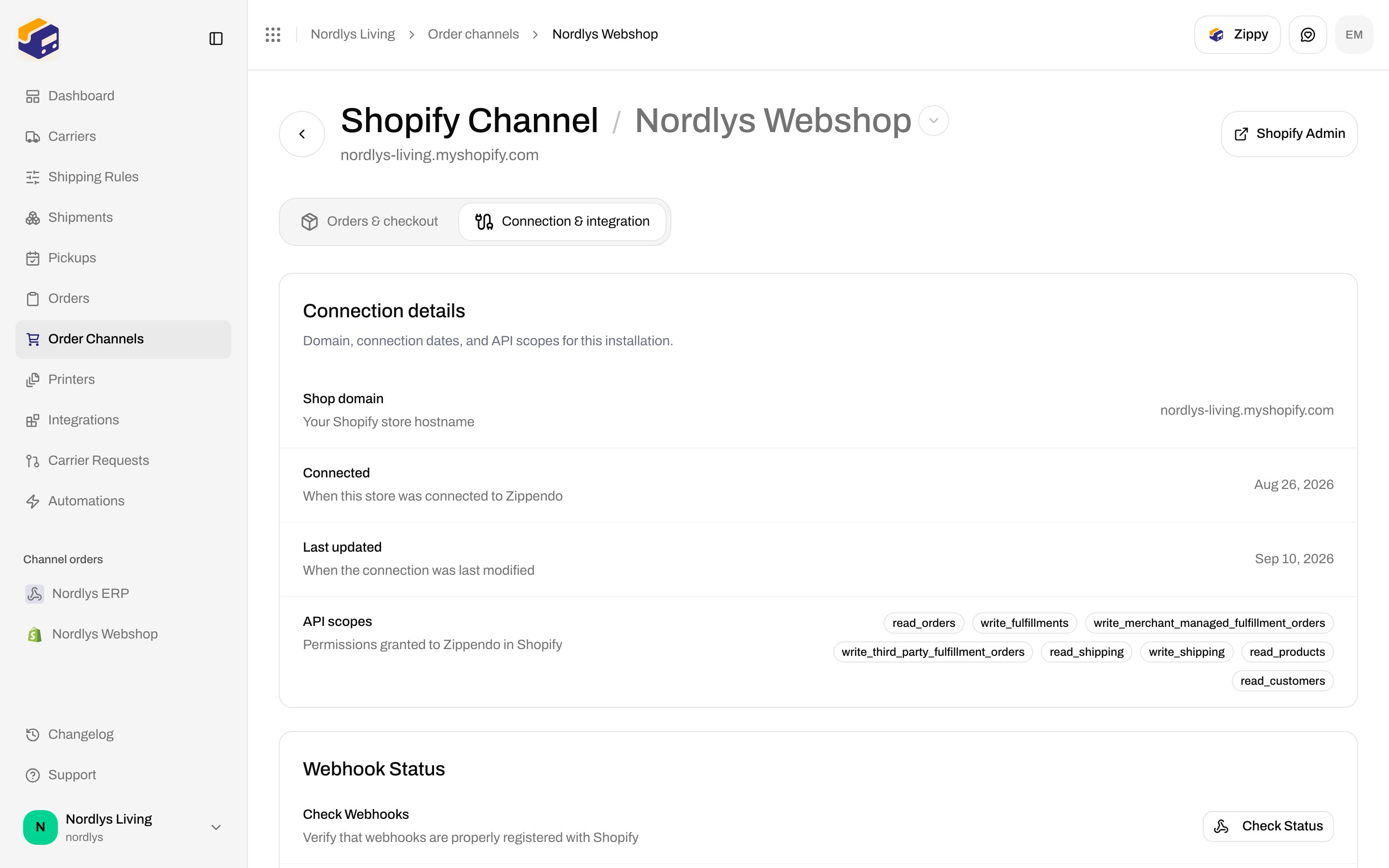 Connection and integration tab showing shop domain, connected date, API scopes, and Webhook Status with Check Status