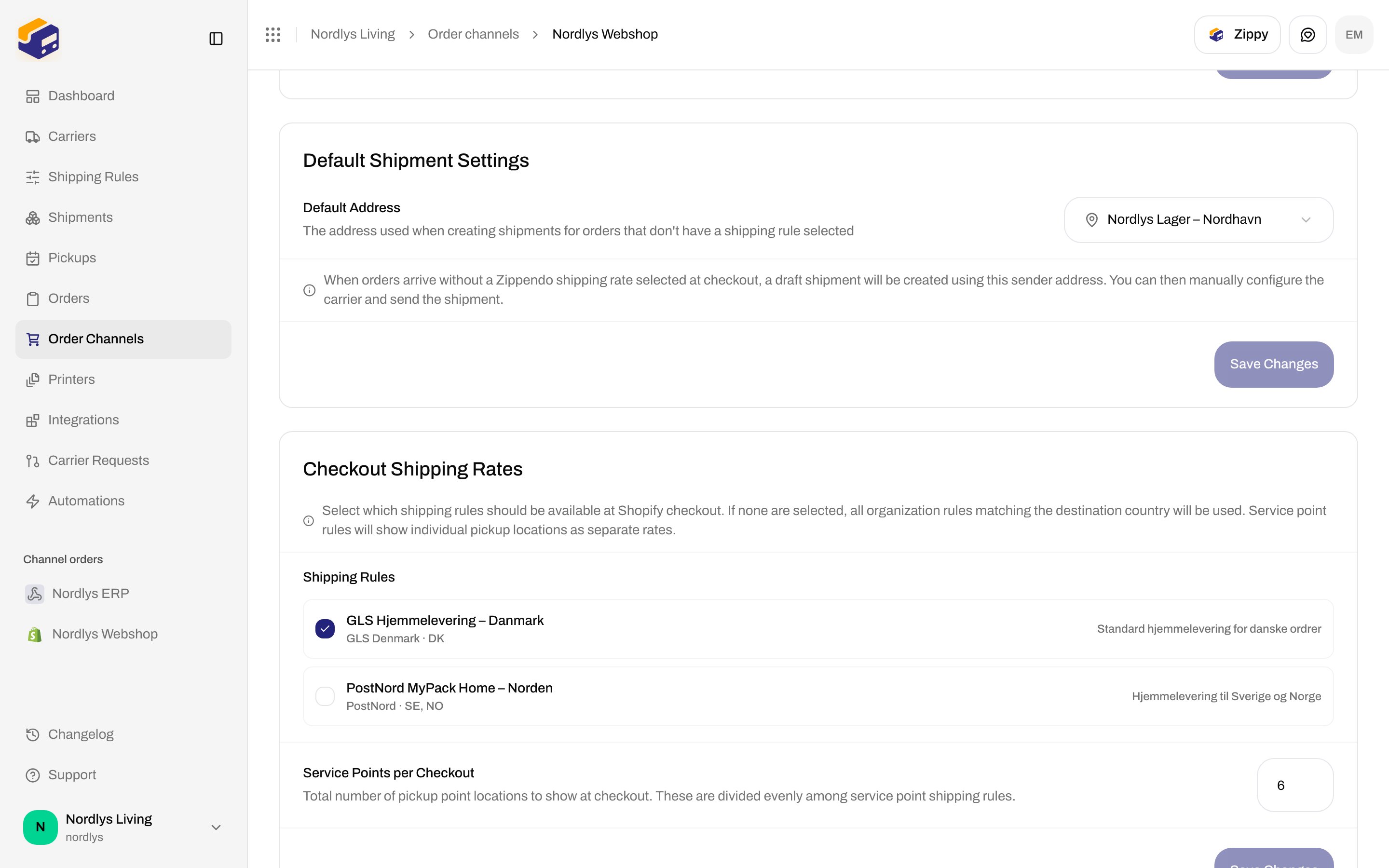 Default Shipment Settings with Nordlys Lager – Nordhavn as Default Address, and Checkout Shipping Rates with GLS Hjemmelevering – Danmark selected and Service Points per Checkout set to 6
