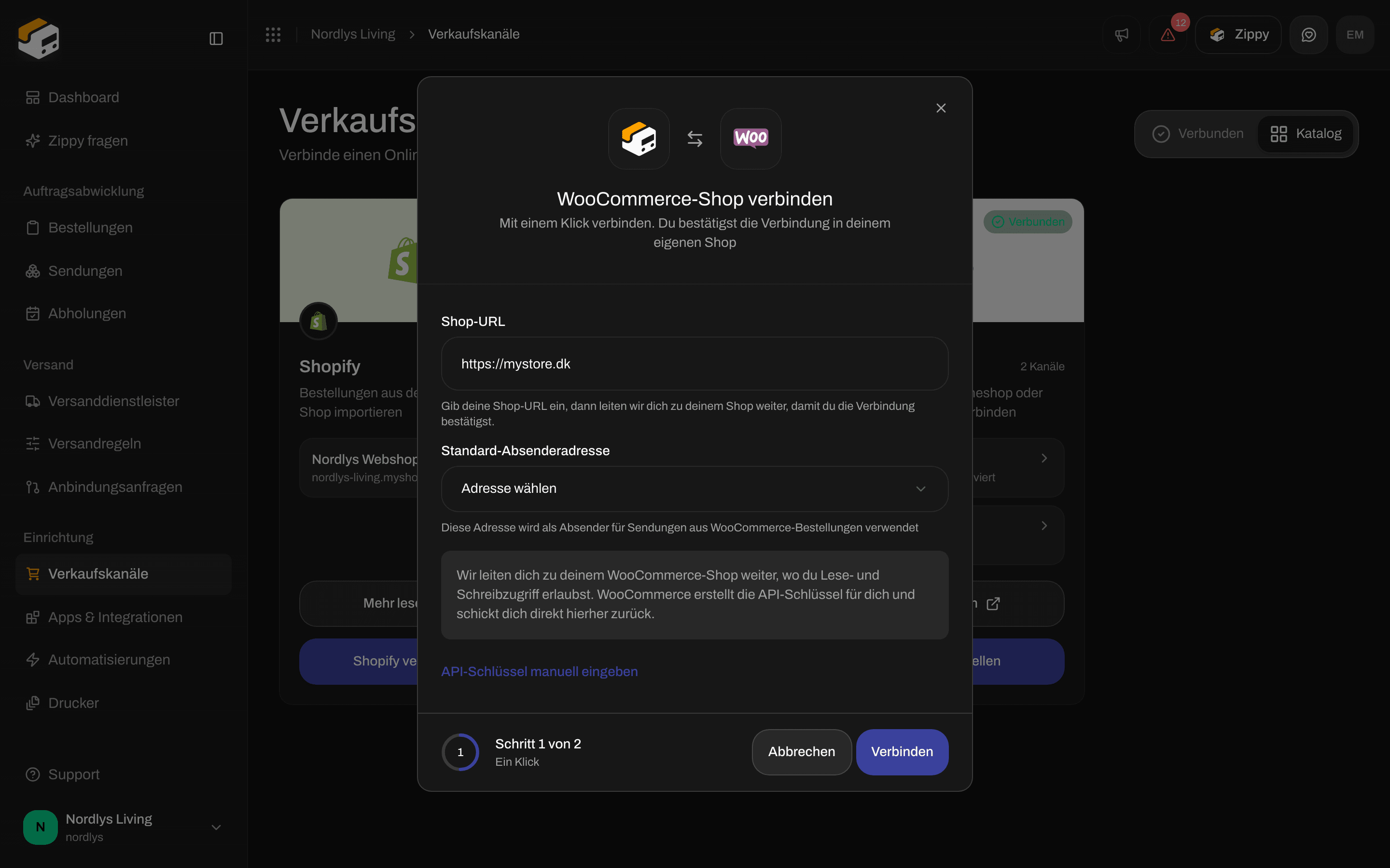Fenster „WooCommerce-Shop verbinden“ mit Shop-URL, Standard-Absenderadresse und Verbinden