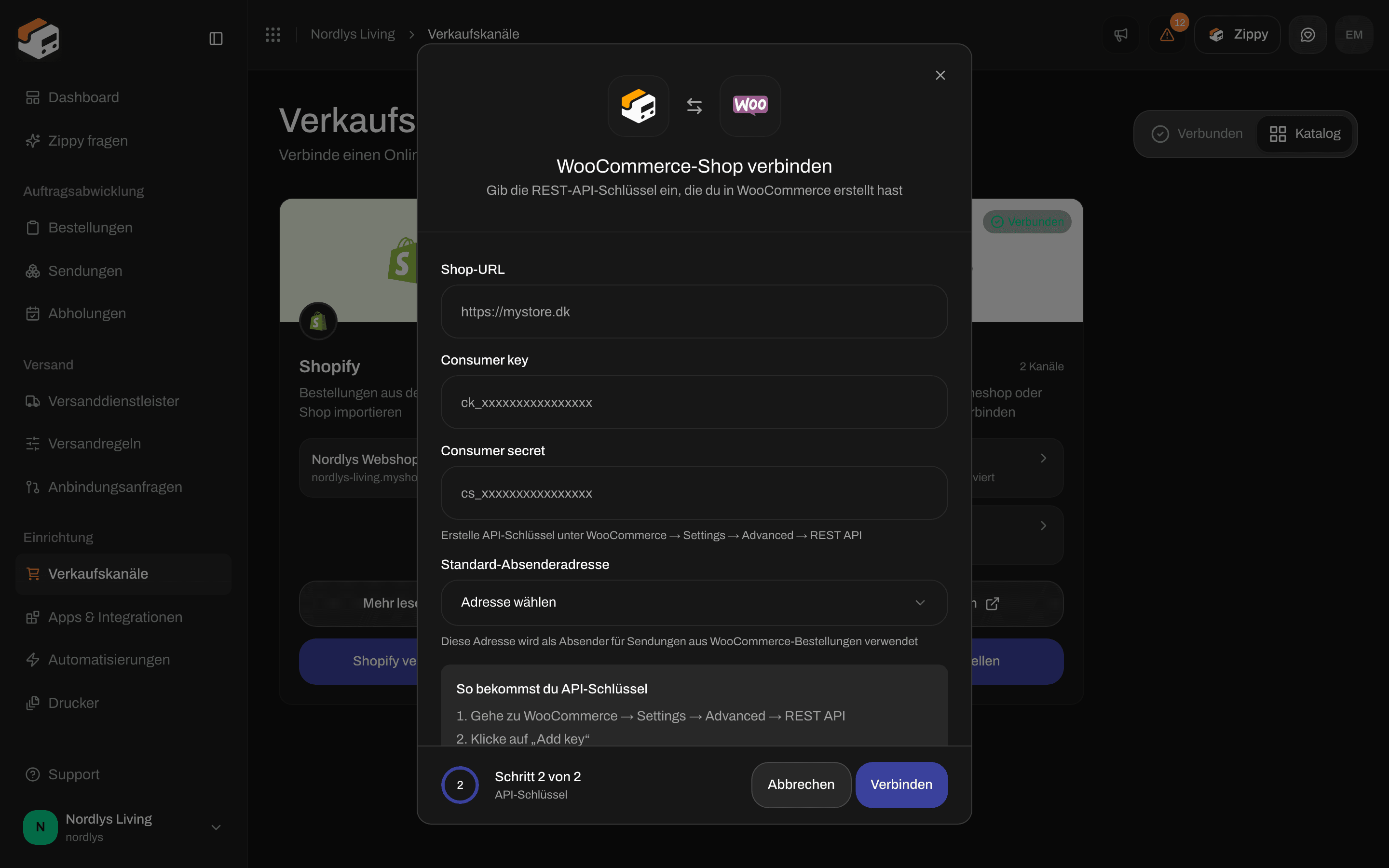 Fenster „WooCommerce-Shop verbinden“ im Schritt „API-Schlüssel“