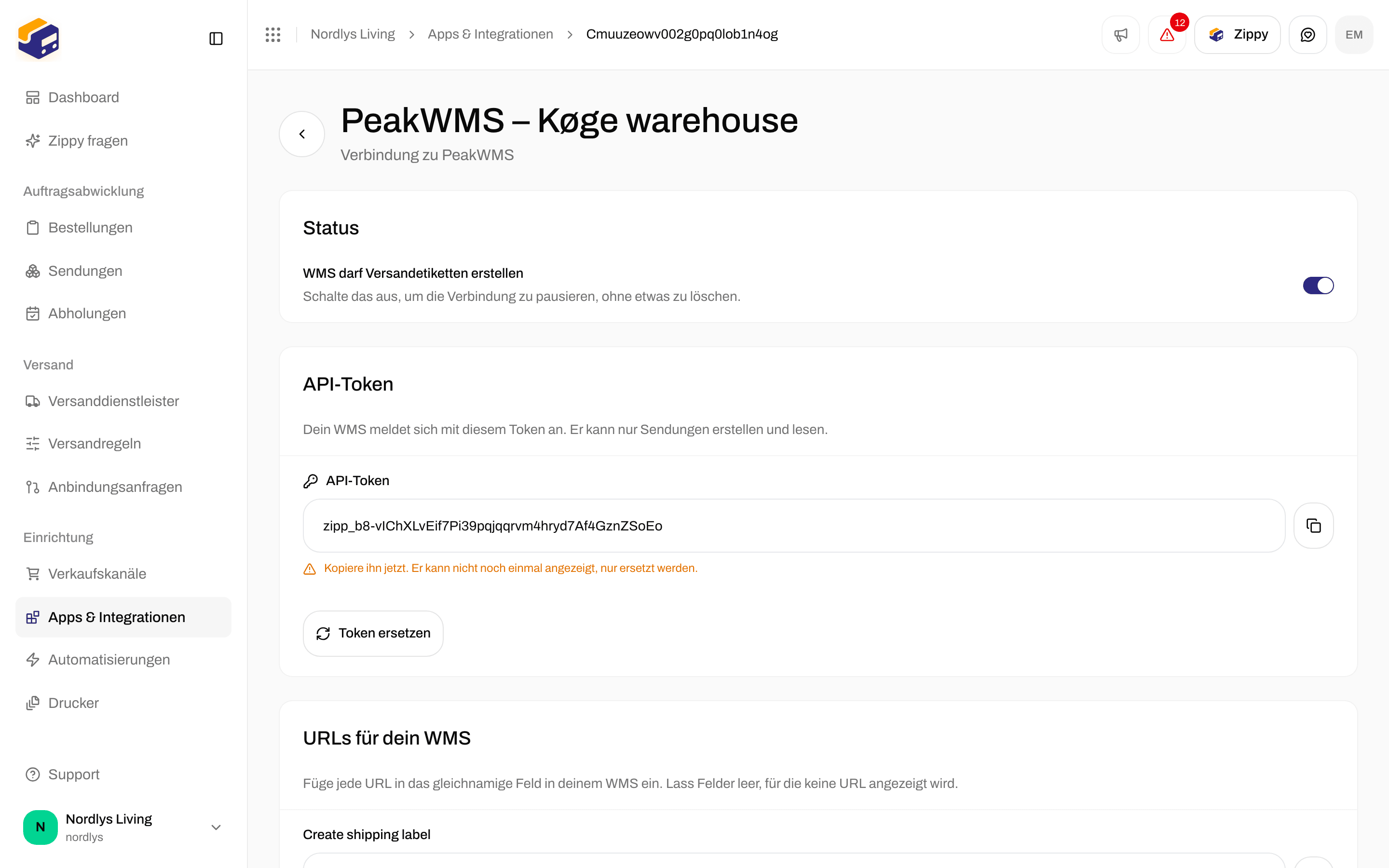 Abschnitt API-Token auf der Seite der Verbindung, der den API-Token einmalig mit einer Kopieren-Schaltfläche zeigt