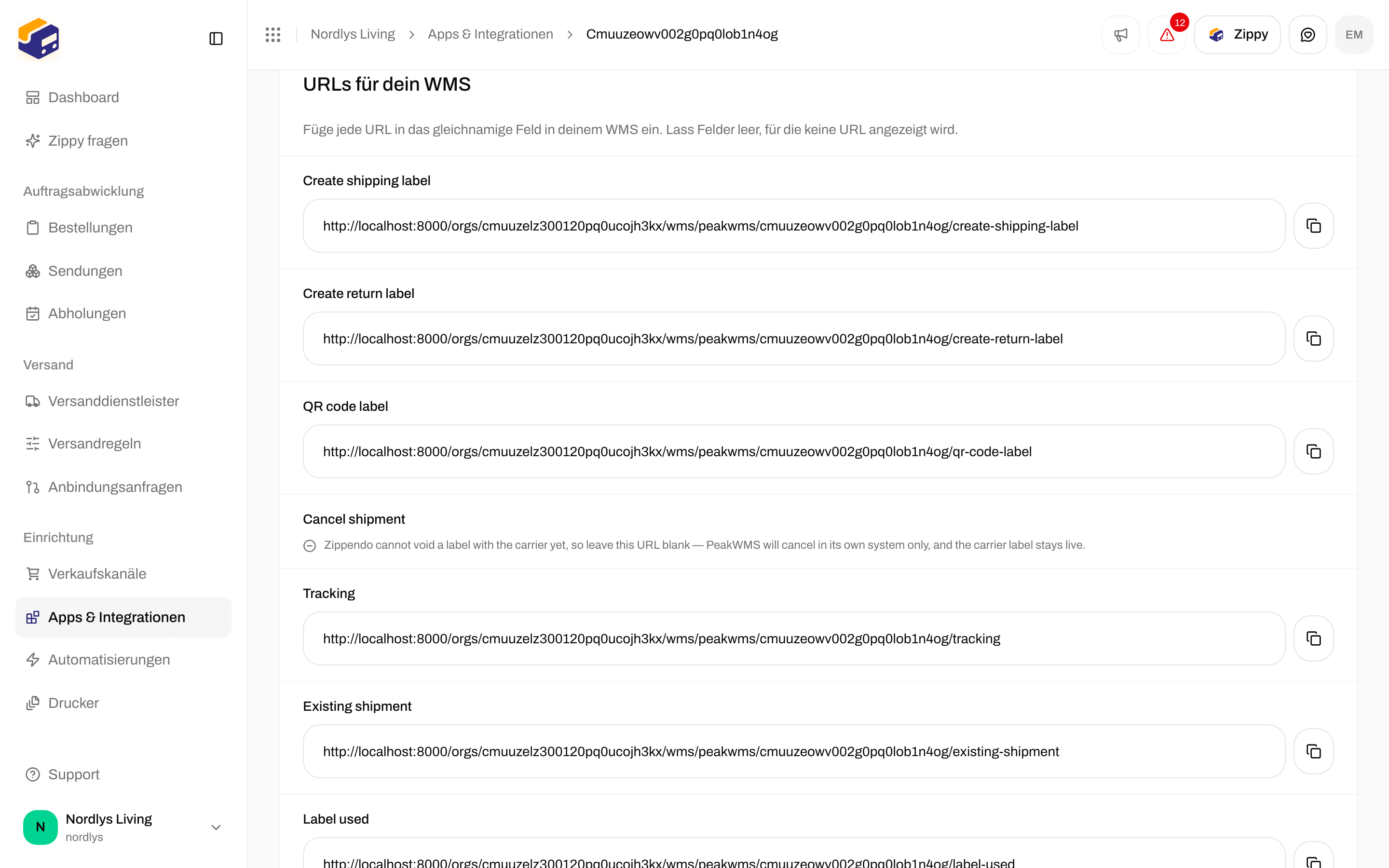 Abschnitt URLs für dein WMS mit Create shipping label, Create return label, QR code label, Sendungsverfolgung, Existing shipment und Label used und Kopieren-Schaltflächen