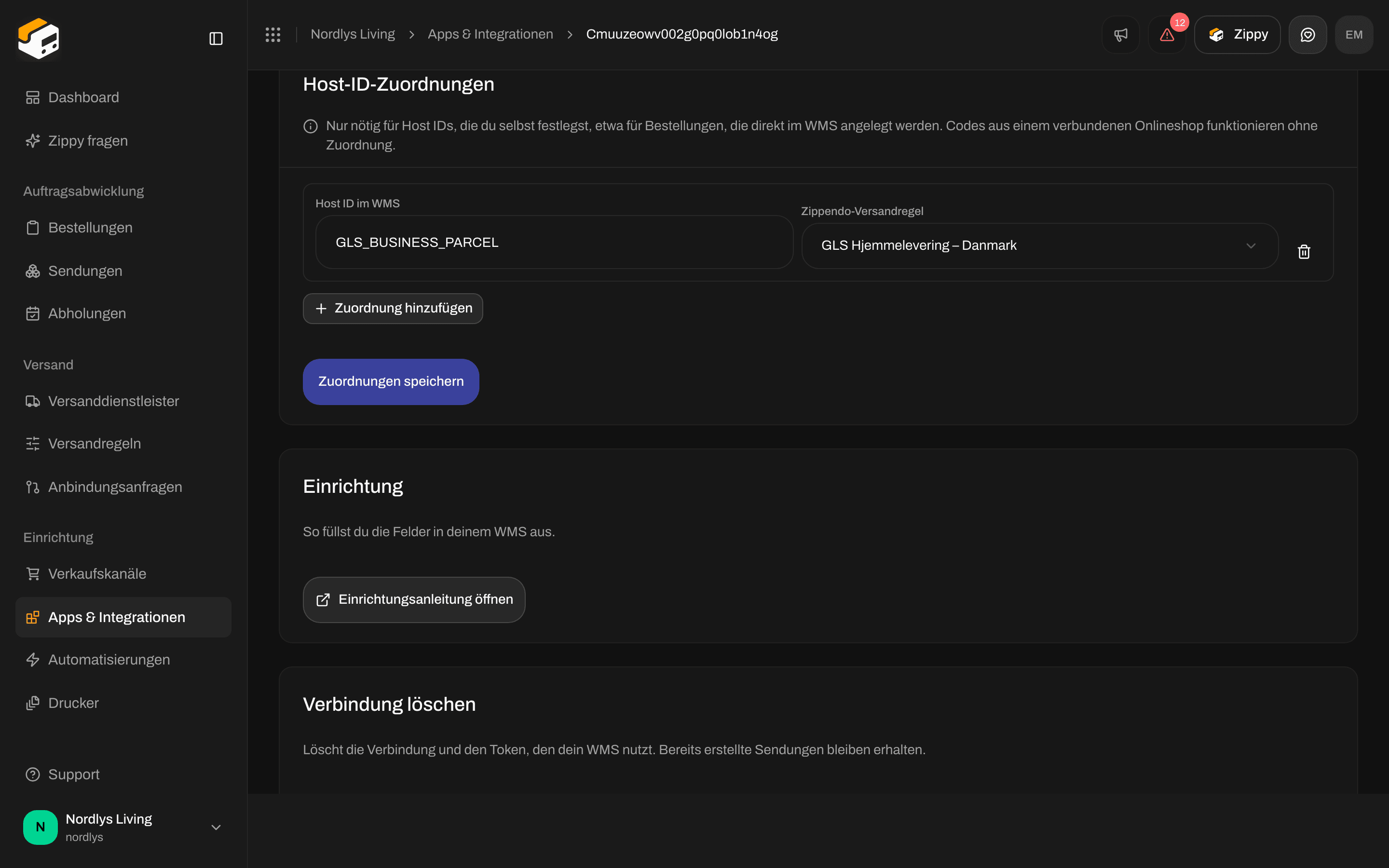 Abschnitt Host-ID-Zuordnungen mit einer Zeile, die GLS_BUSINESS_PARCEL einer GLS-Versandregel für Hauszustellung zuordnet
