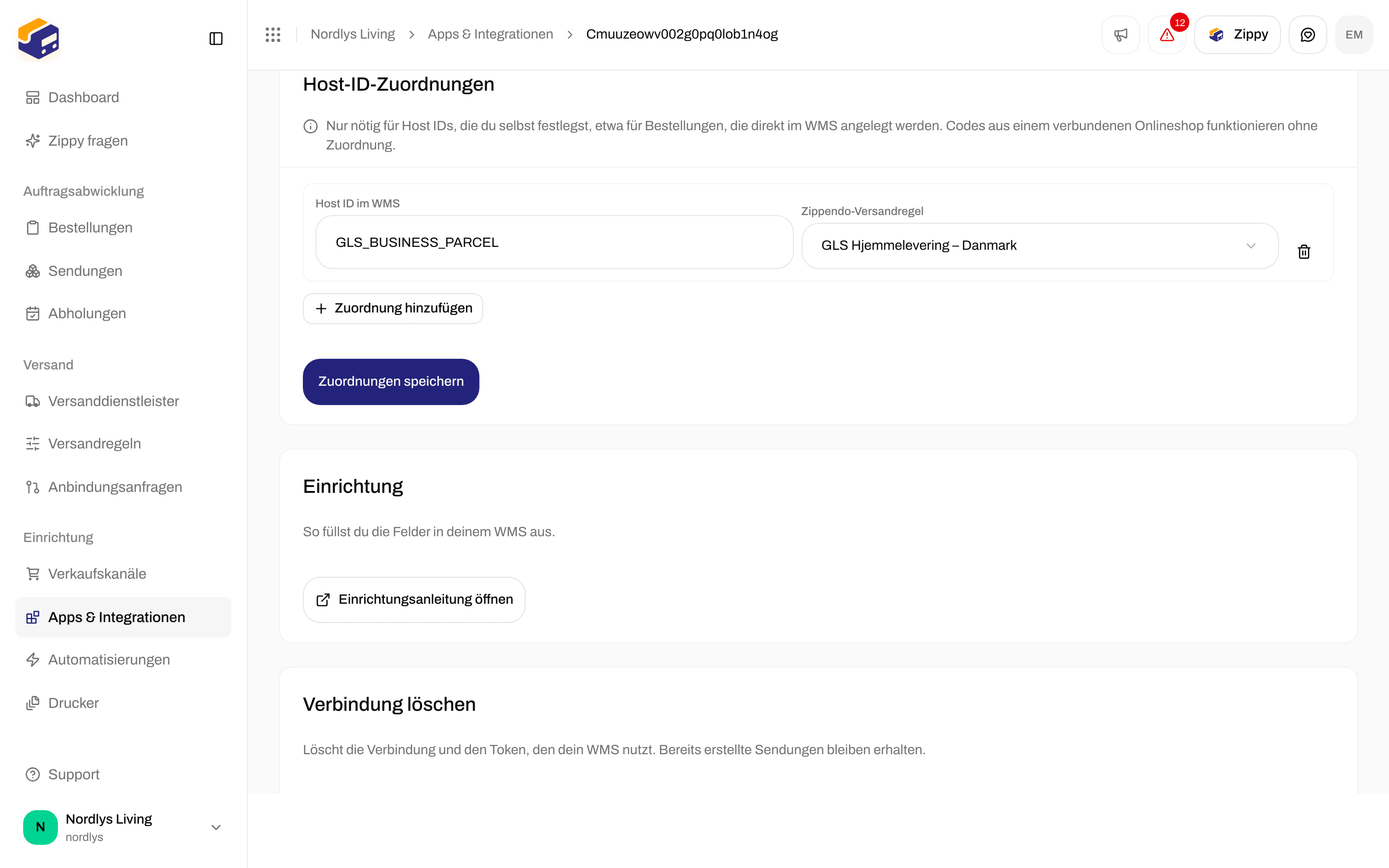 Abschnitt Host-ID-Zuordnungen mit einer Zeile, die GLS_BUSINESS_PARCEL einer GLS-Versandregel für Hauszustellung zuordnet