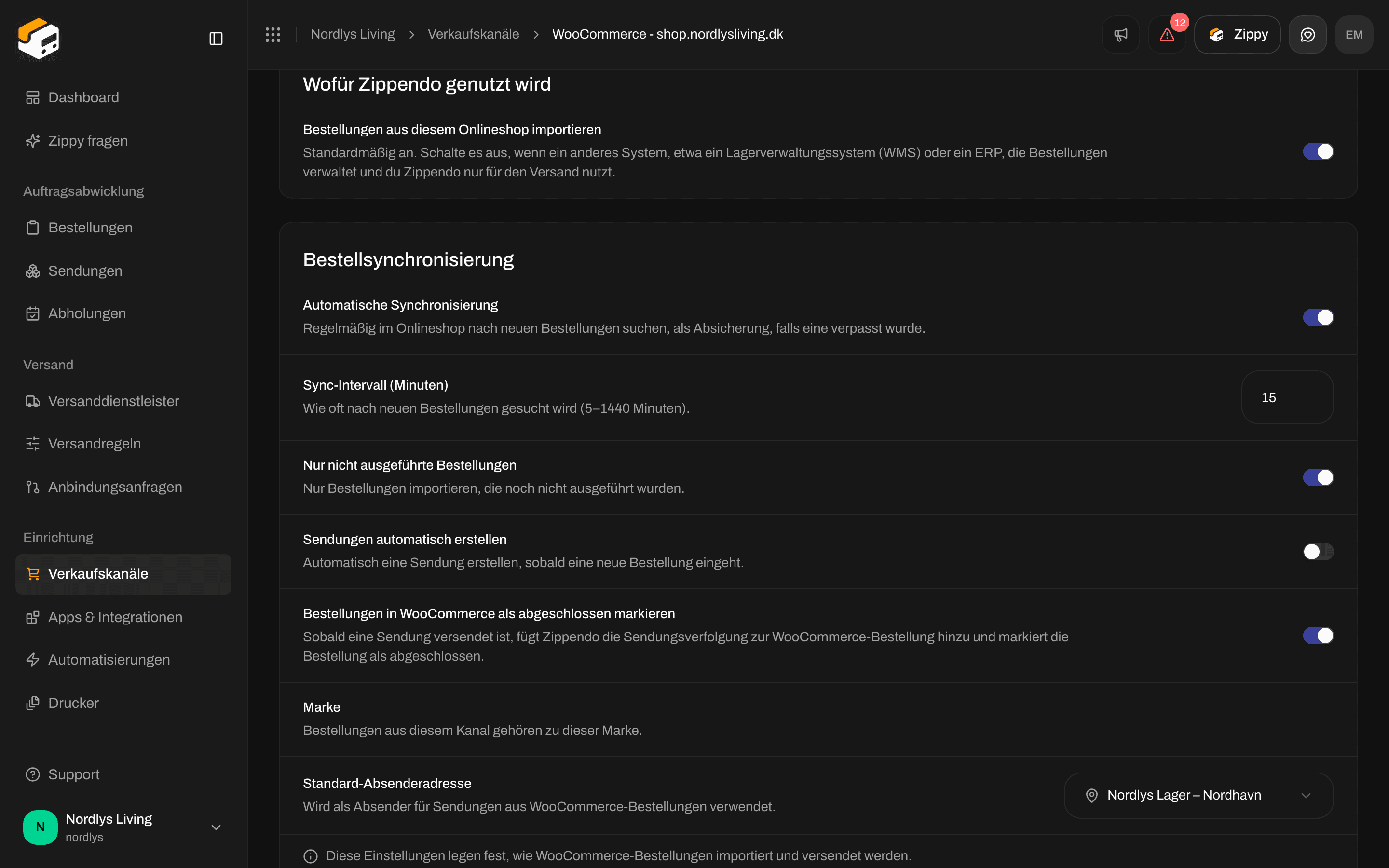 Einstellungen des Verkaufskanals mit dem Abschnitt Wofür Zippendo genutzt wird und seinem Importschalter