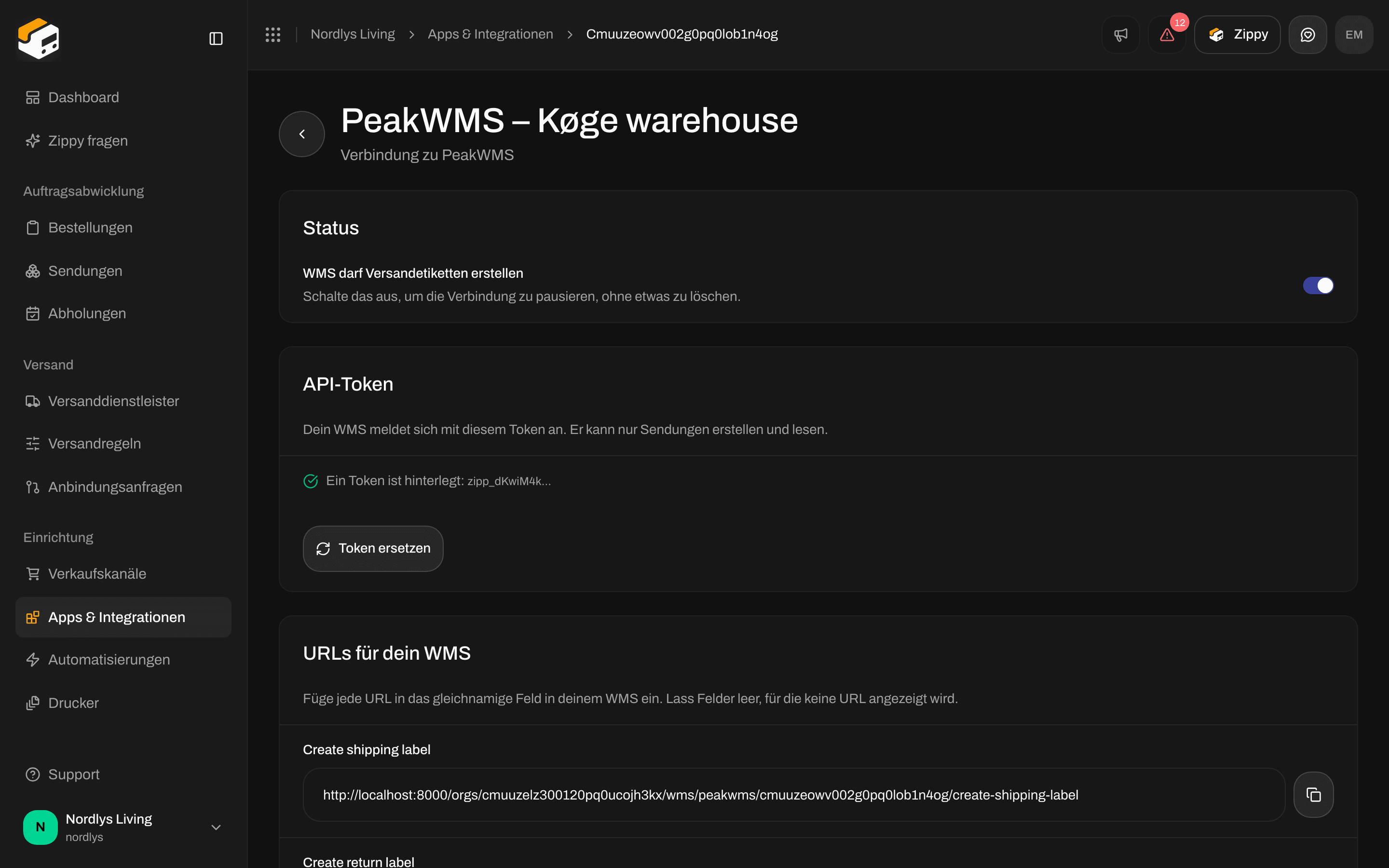 Seite der Verbindung mit dem Abschnitt Status und dem eingeschalteten Schalter WMS darf Versandetiketten erstellen
