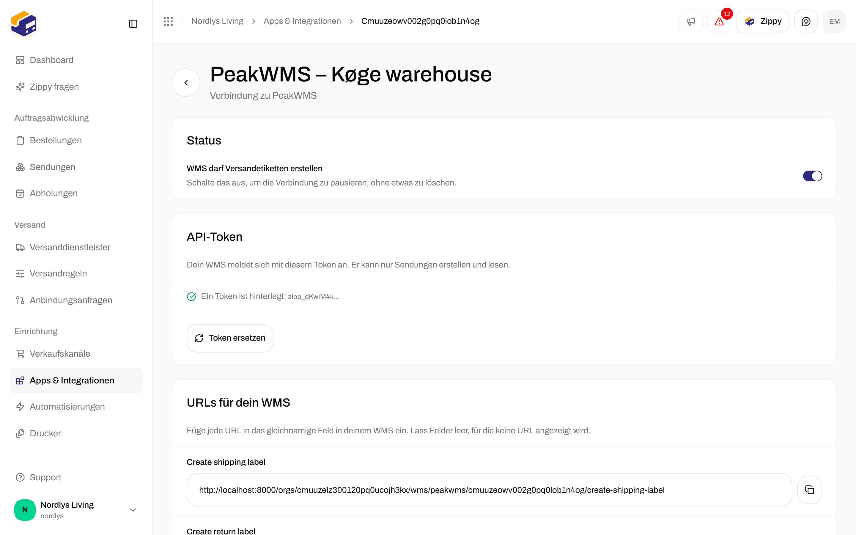 Seite der Verbindung mit dem Abschnitt Status und dem eingeschalteten Schalter WMS darf Versandetiketten erstellen
