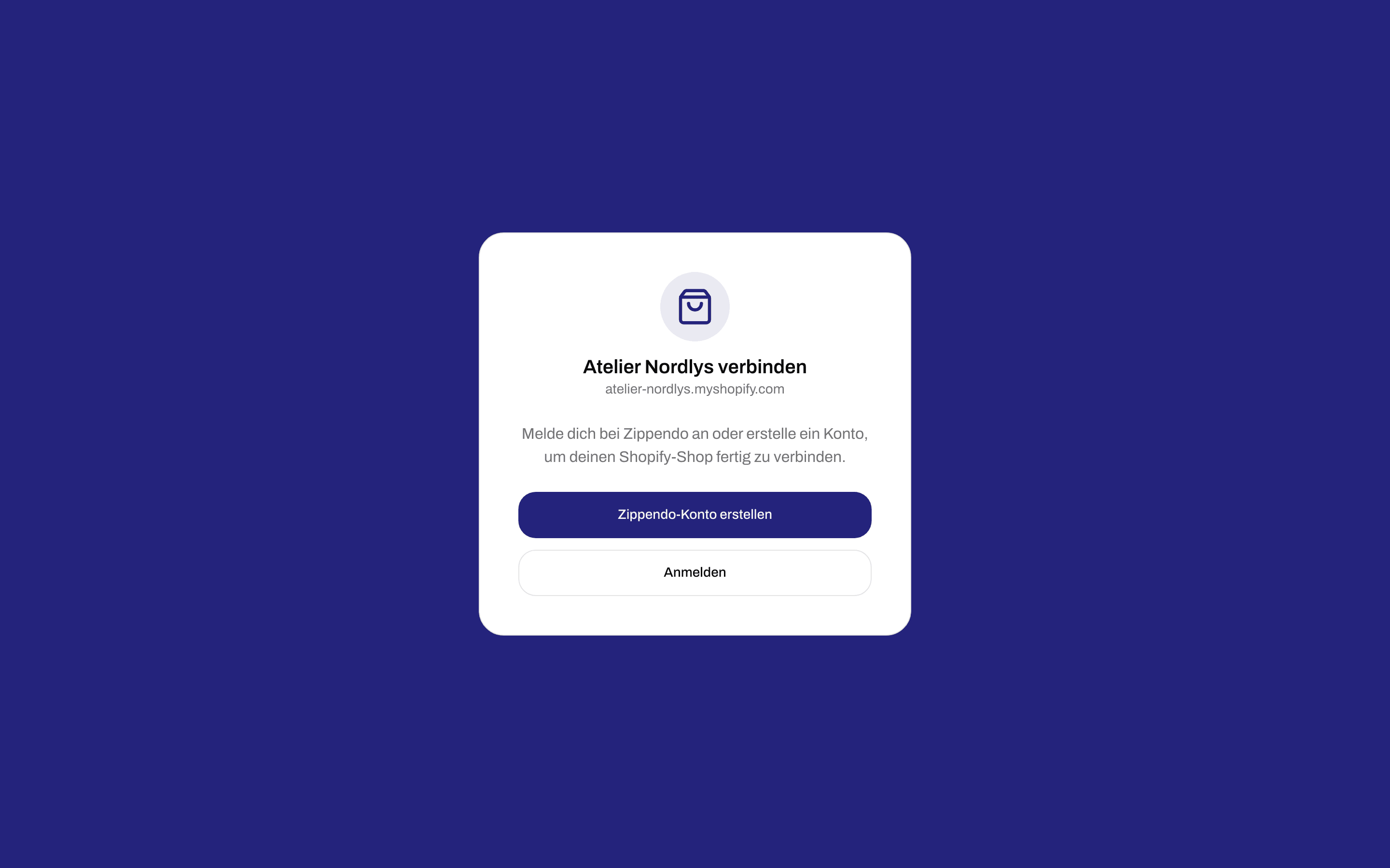 Seite zum Verbinden eines Shopify-Shops mit den Schaltflächen Zippendo-Konto erstellen und Anmelden
