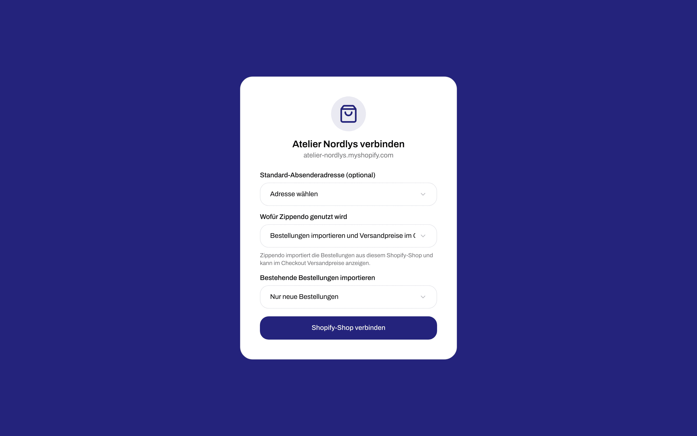 Formular zum Verbinden eines Shopify-Shops mit Standard-Absenderadresse (optional), Bestehende Bestellungen importieren auf Nur neue Bestellungen und einer Schaltfläche Shopify-Shop verbinden