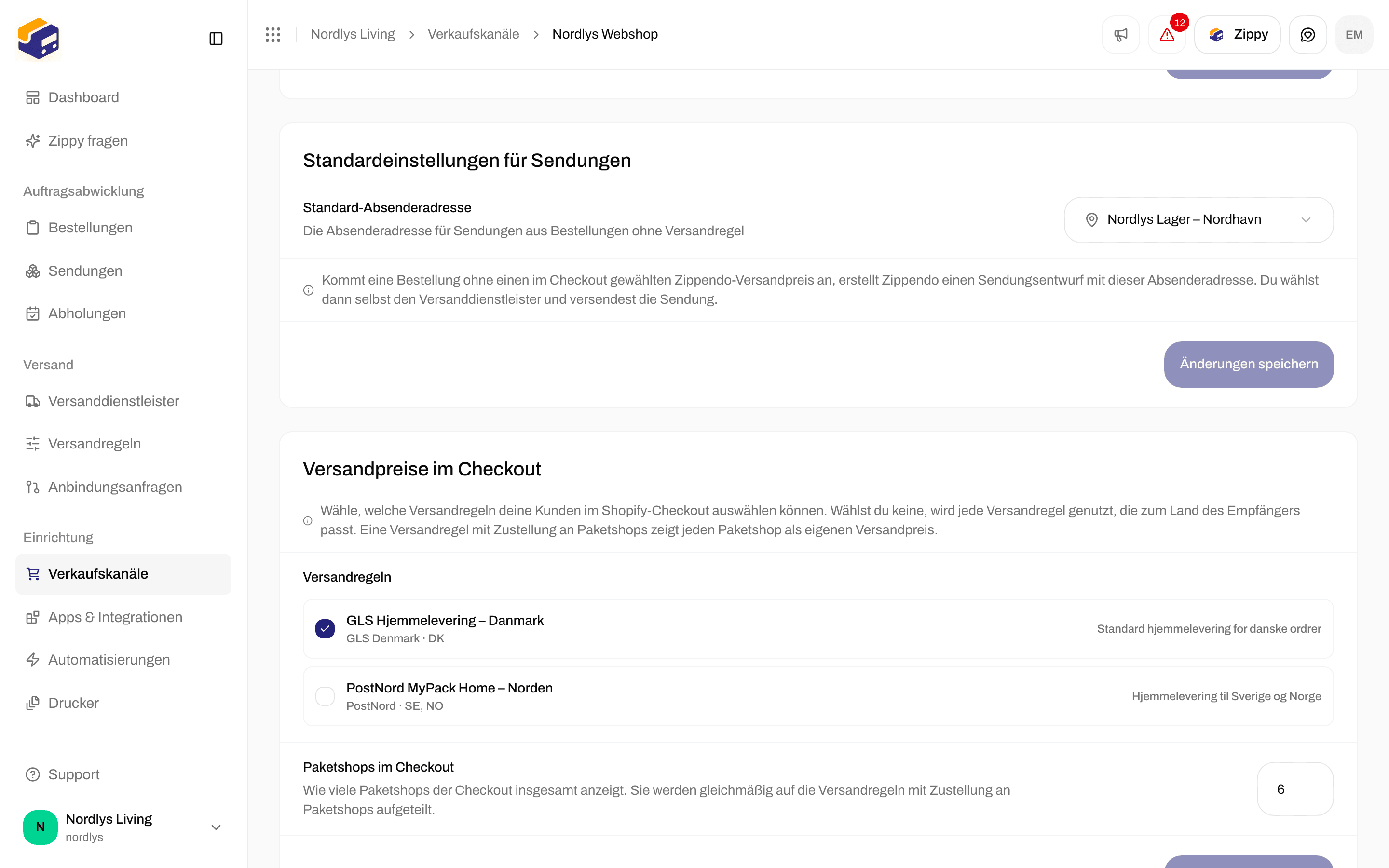 Standardeinstellungen für Sendungen mit einer Standard-Absenderadresse und Versandpreise im Checkout mit einer angehakten Versandregel und Paketshops im Checkout auf 6