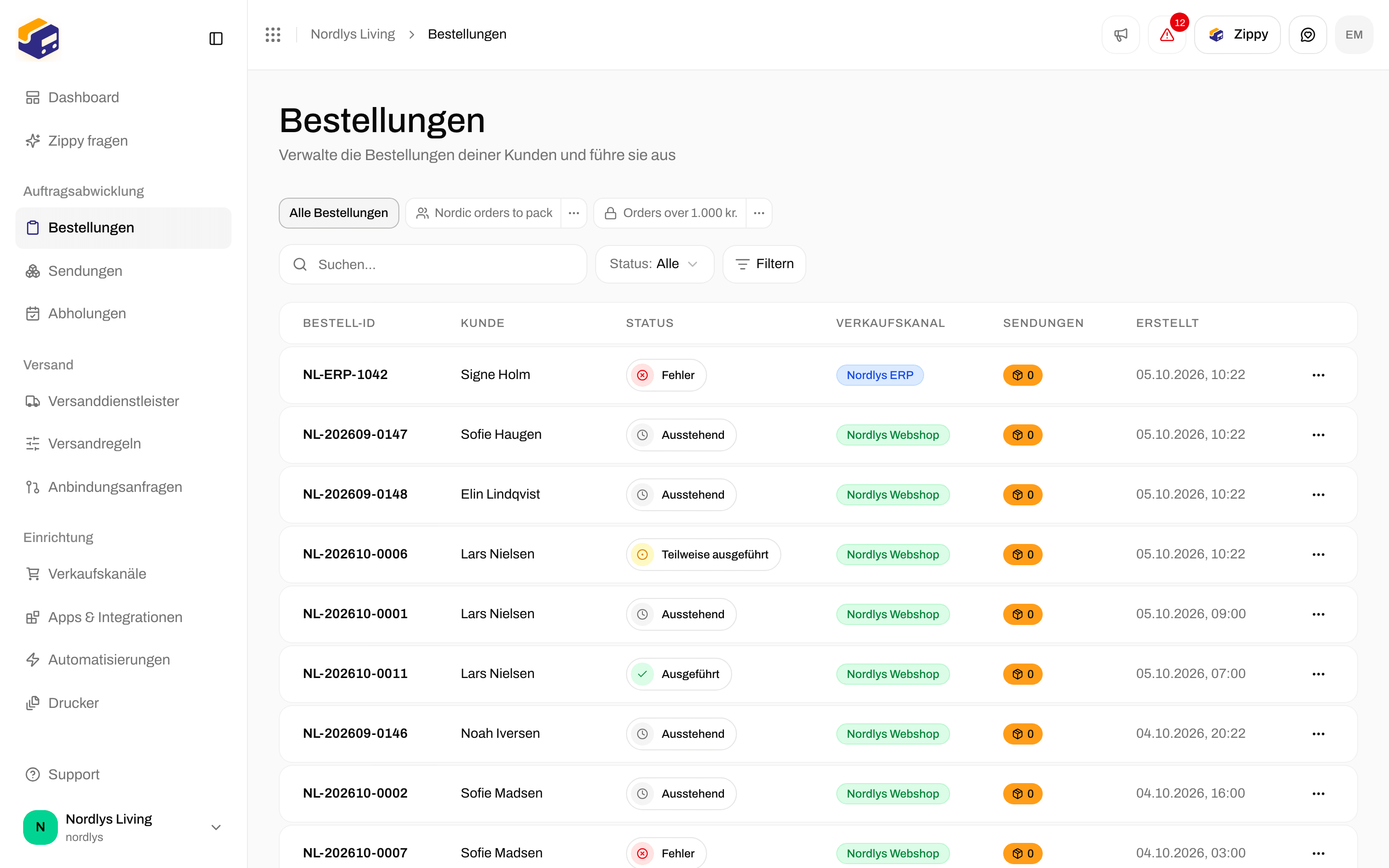 Bestellliste mit dem Titel Alle Bestellungen, mit dem Shopify-Verkaufskanal in der Spalte Verkaufskanal