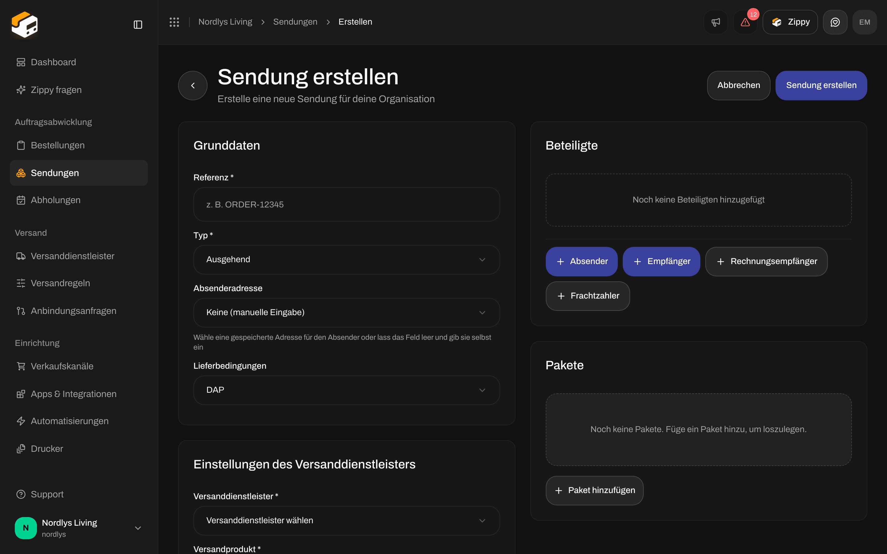 Formular Sendung erstellen mit Grunddaten, Einstellungen des Versanddienstleisters, Druckereinstellungen, Beteiligten und Paketen