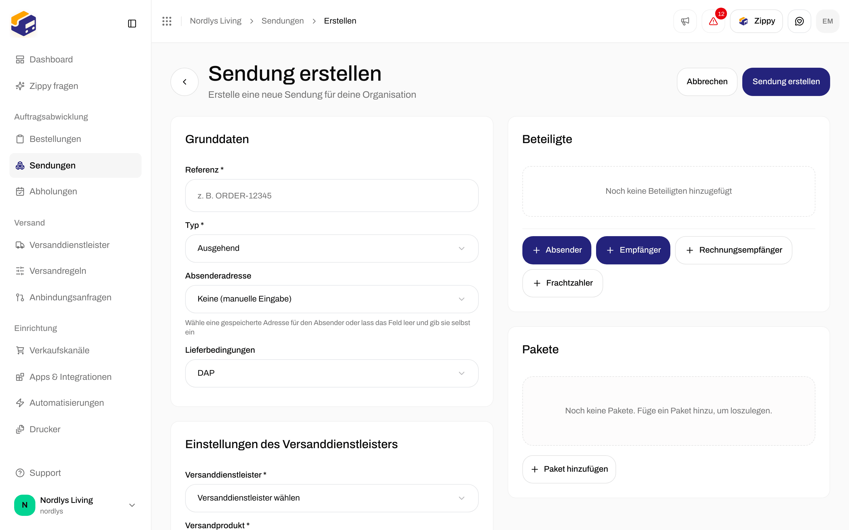 Formular Sendung erstellen mit Grunddaten, Einstellungen des Versanddienstleisters, Druckereinstellungen, Beteiligten und Paketen