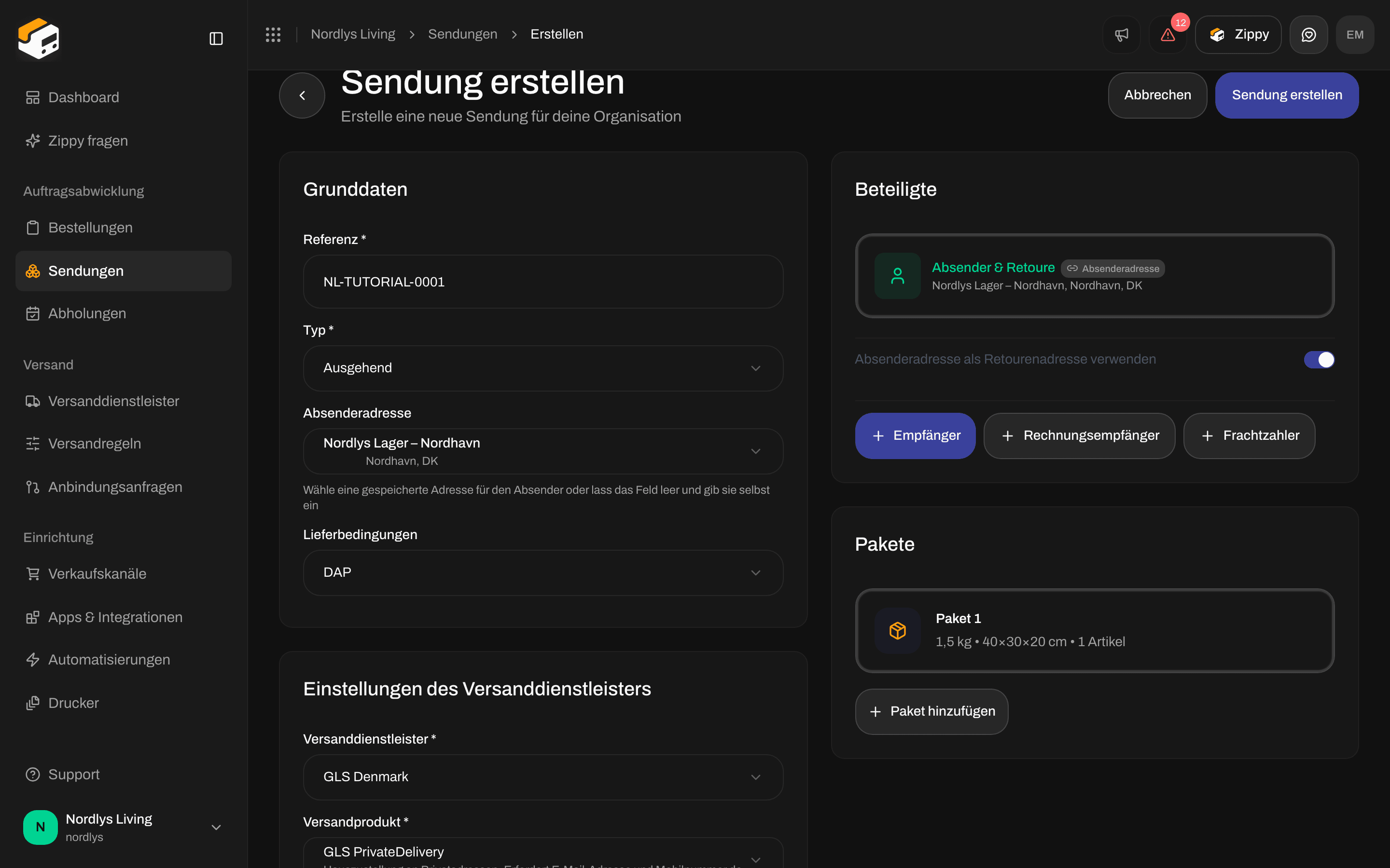 Formular Sendung erstellen, ausgefüllt mit Referenz, Absenderadresse, GLS PrivateDelivery und einem Paket